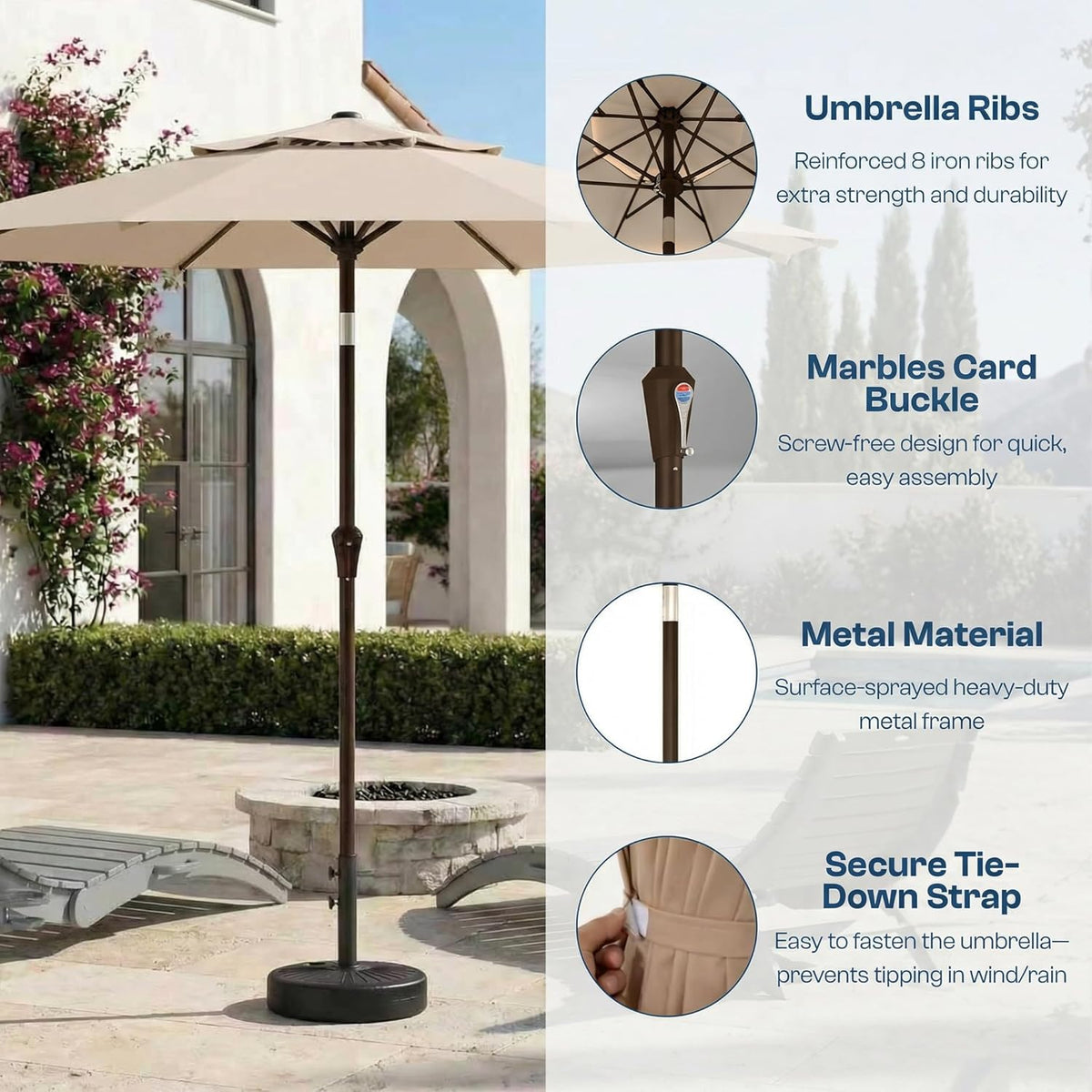 Beige patio umbrella on a patio showing pole, reinforced ribs and a secure tie-down strap close-up