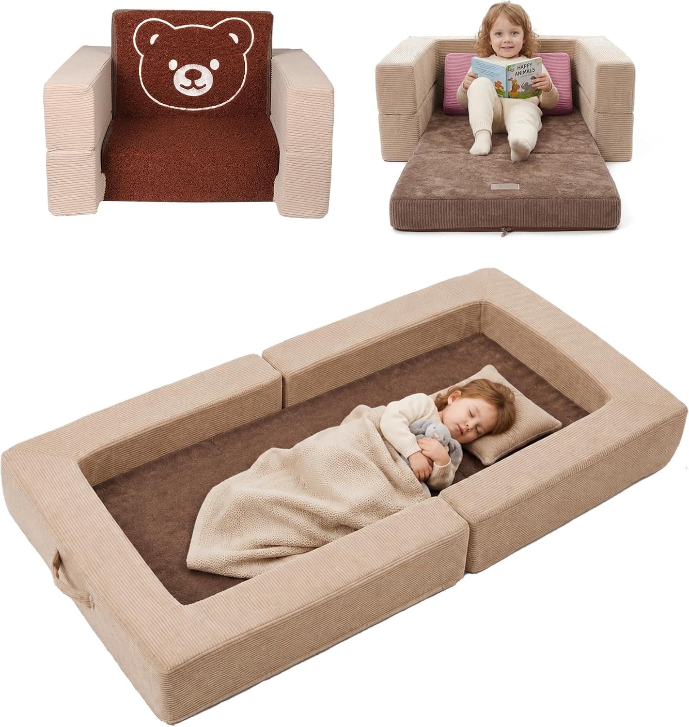 Three views of a beige-and-brown convertible toddler sofa: chair with bear back, folded lounger with child reading, and flat