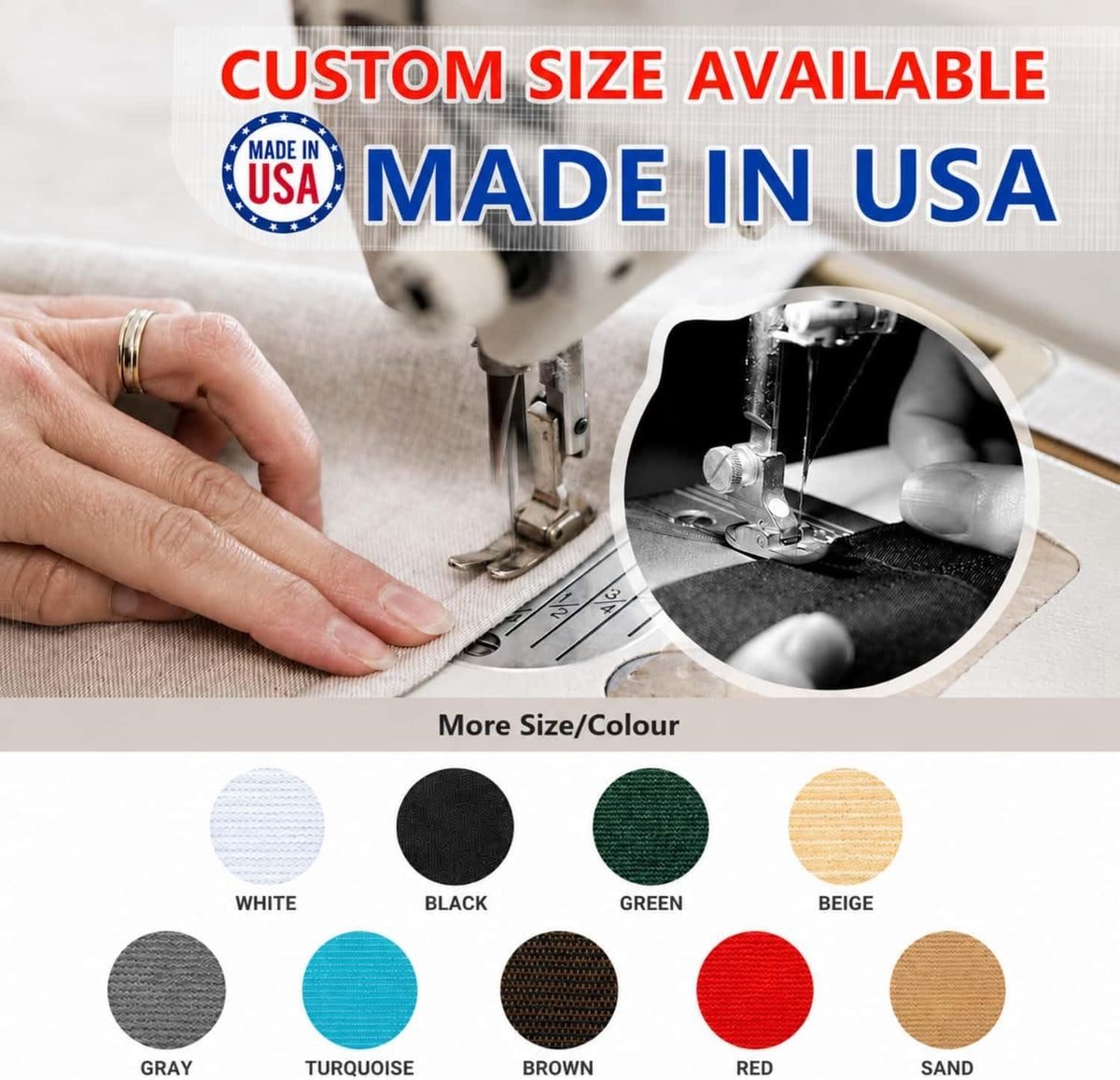 Close-up of sewing machine stitching fabric above round swatches showing nine color options including turquoise.