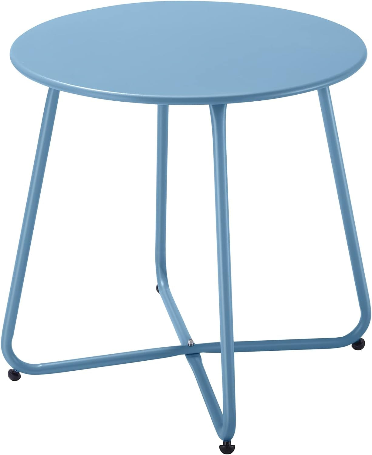 Light blue round metal side table shown from front with crossed tubular base