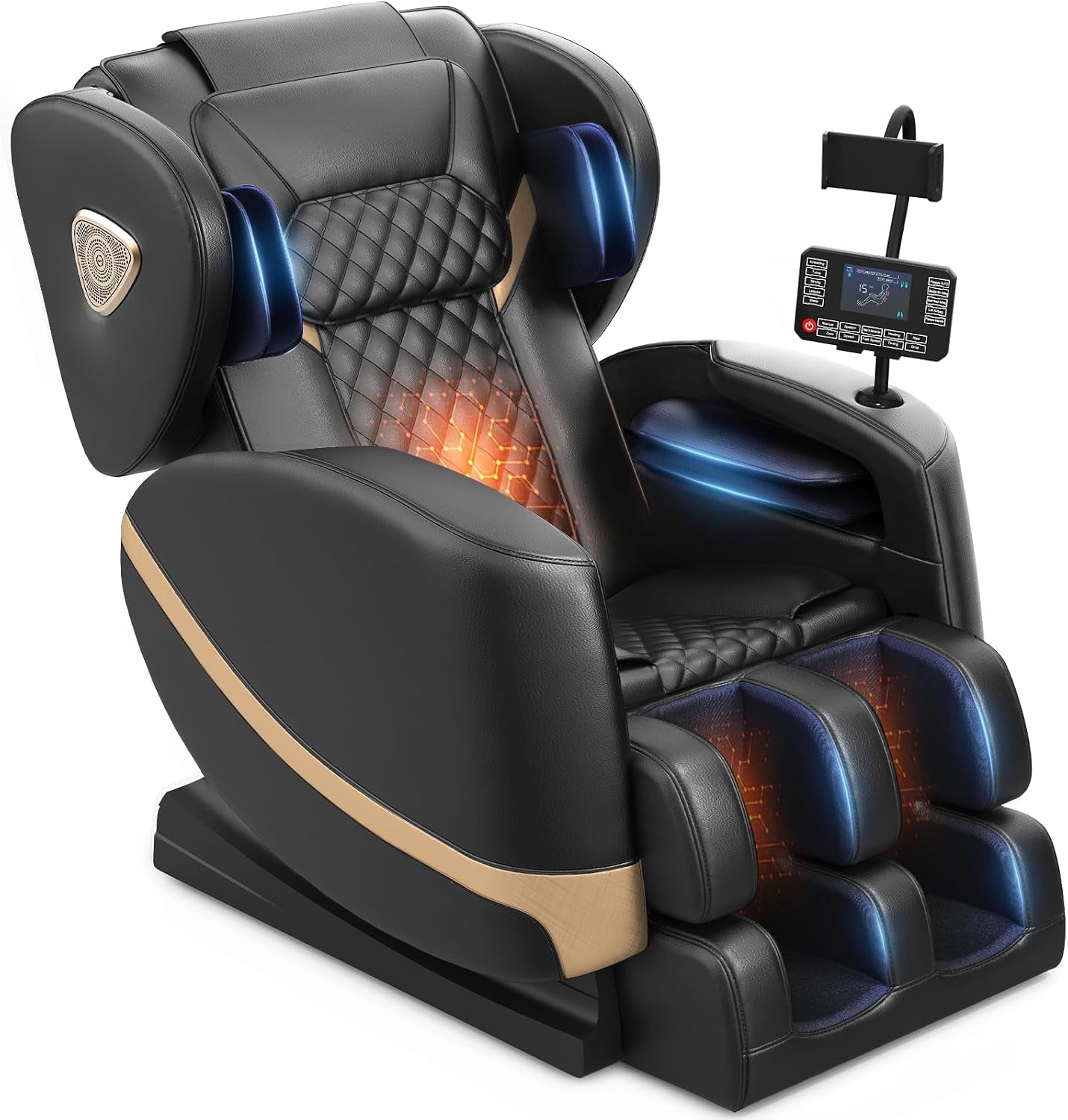 Black full‑size massage chair seen from front-right with foot and arm rollers and touchscreen controller.