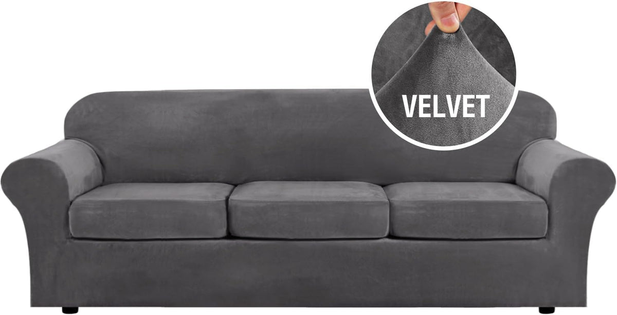 Front view of a three-cushion sofa with rolled arms in dark gray velvet, circular fabric close-up shows texture.