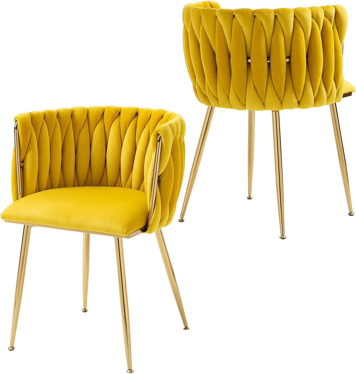 Two yellow velvet dining chairs with tufted braided backs and shiny gold legs, front and rear views.