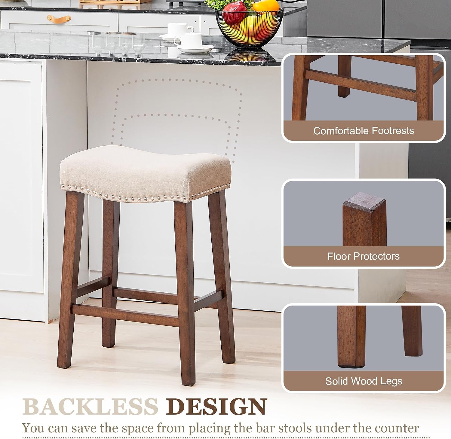 Single beige backless stool placed at a kitchen counter with inset close-ups of the footrest, floor protector, and solid