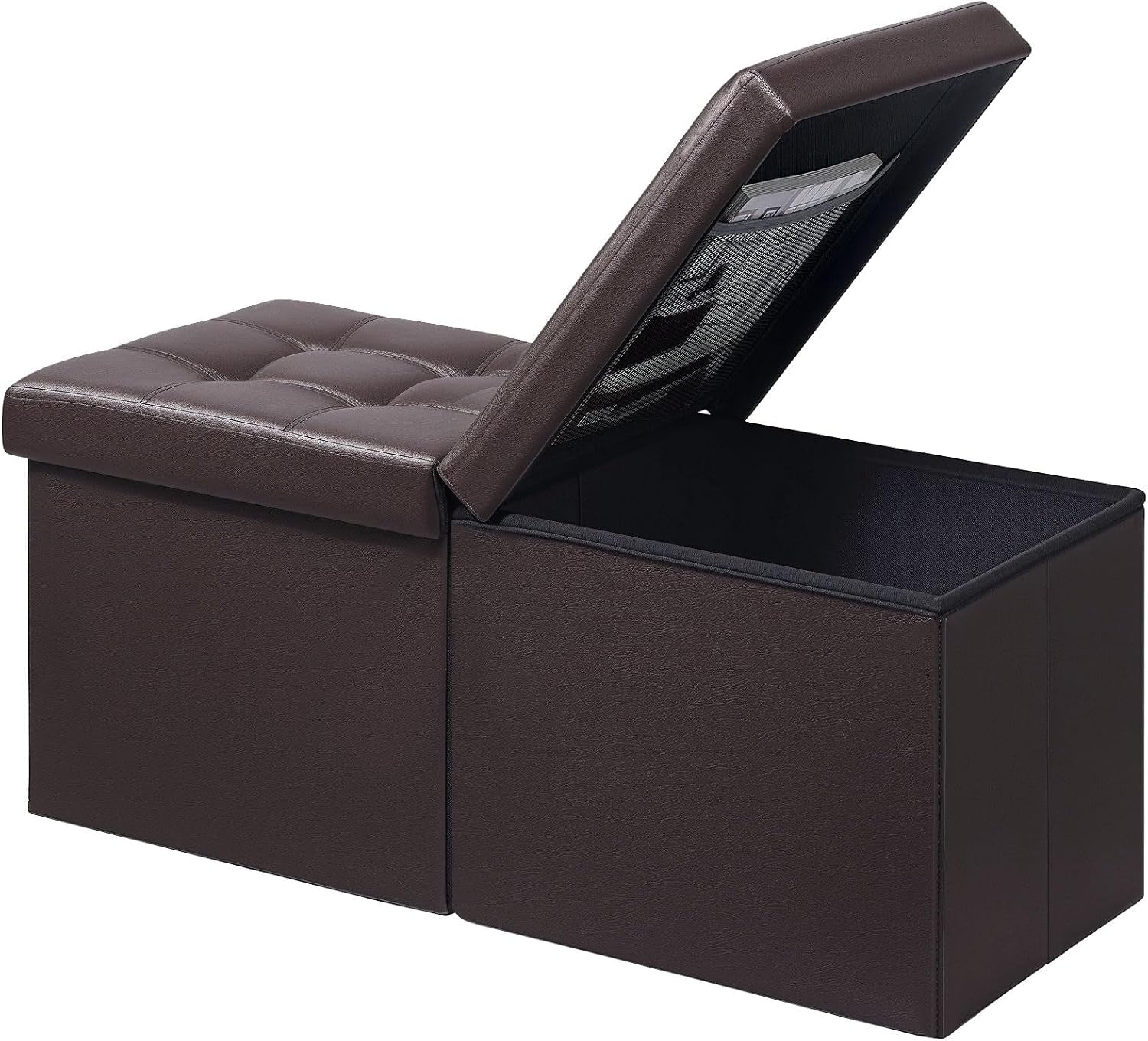 Brown folding storage ottoman with one lid open revealing interior and mesh pocket underside