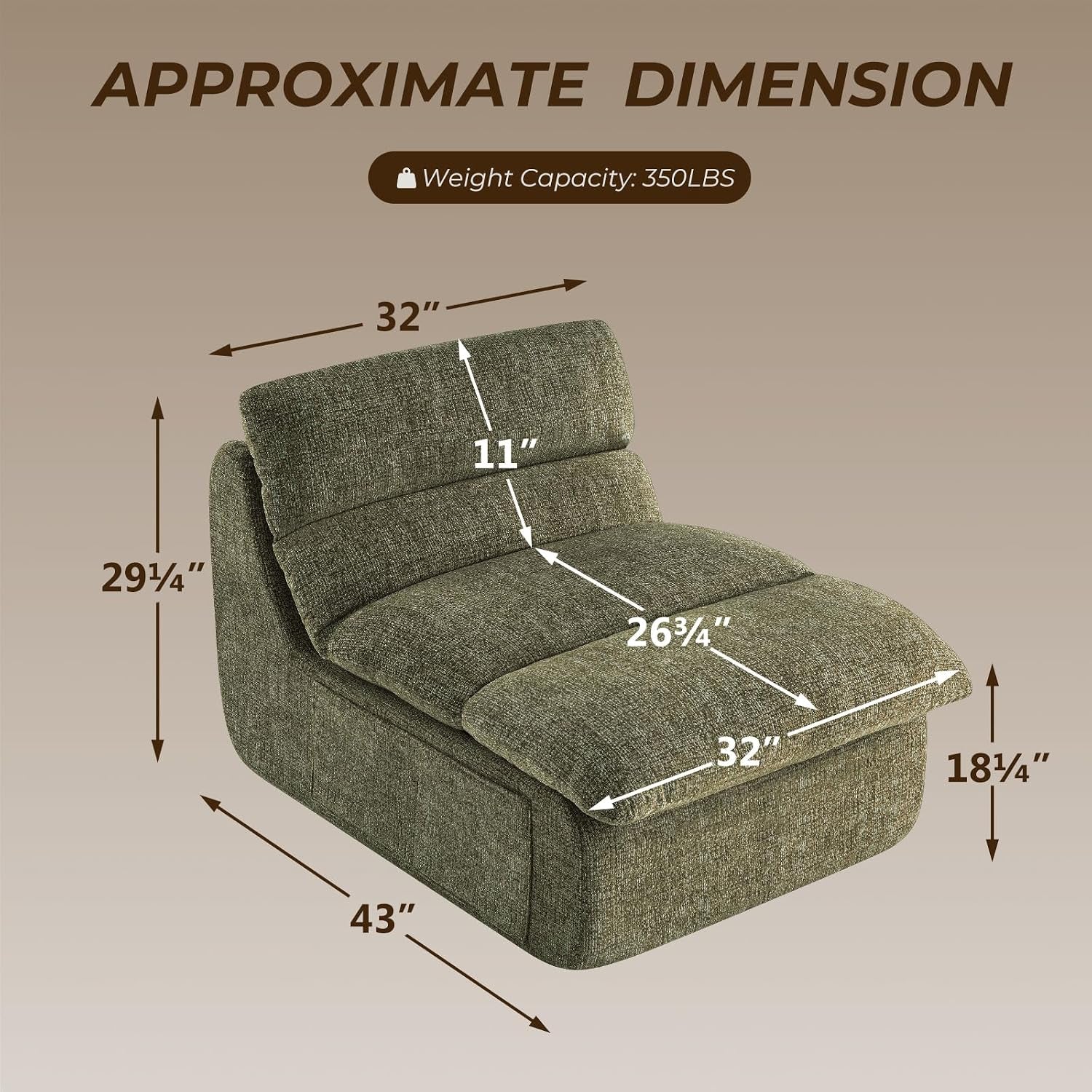 Rendered olive green floor chair with dimension callouts showing 32" x 43" x 29.25" and internal seat measurements