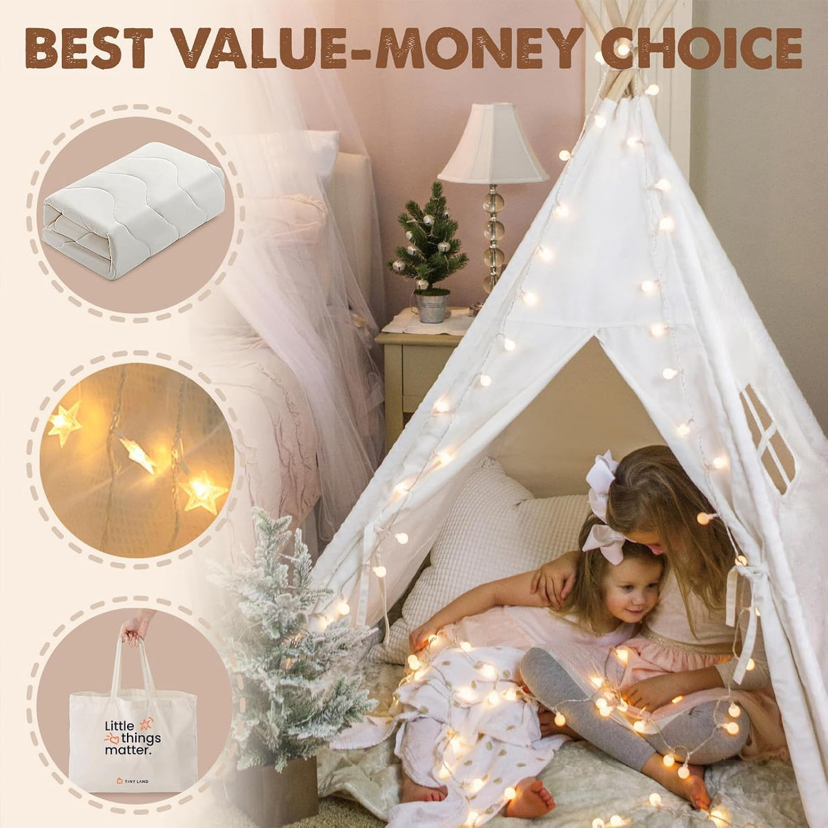 Collage-style shot showing star string lights, a folded padded mat, and two children snug inside the tent.