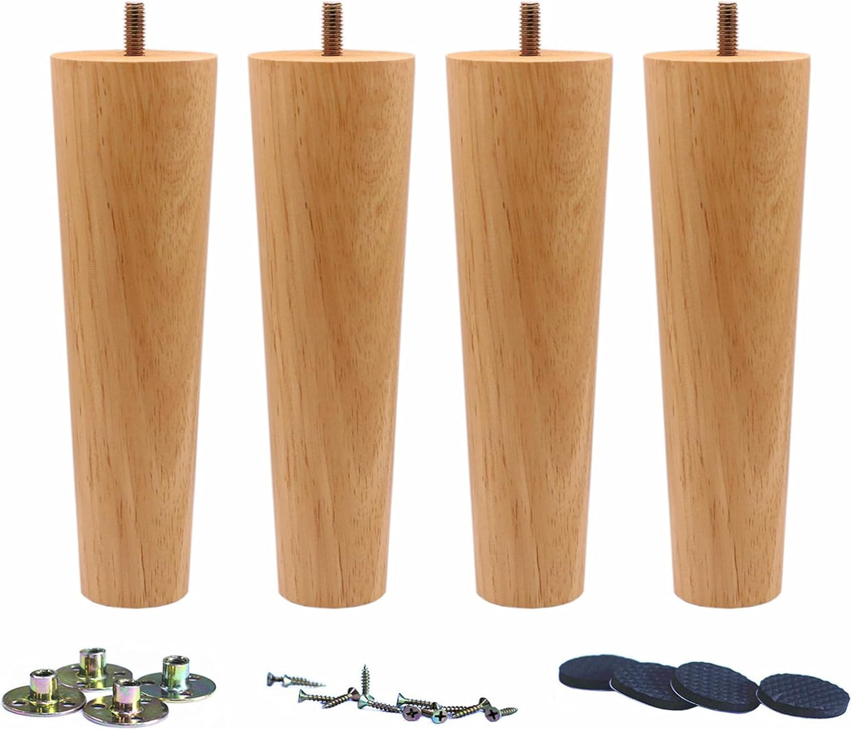Cropped close-up showing the top halves of four natural wood legs with visible threaded hanger bolts
