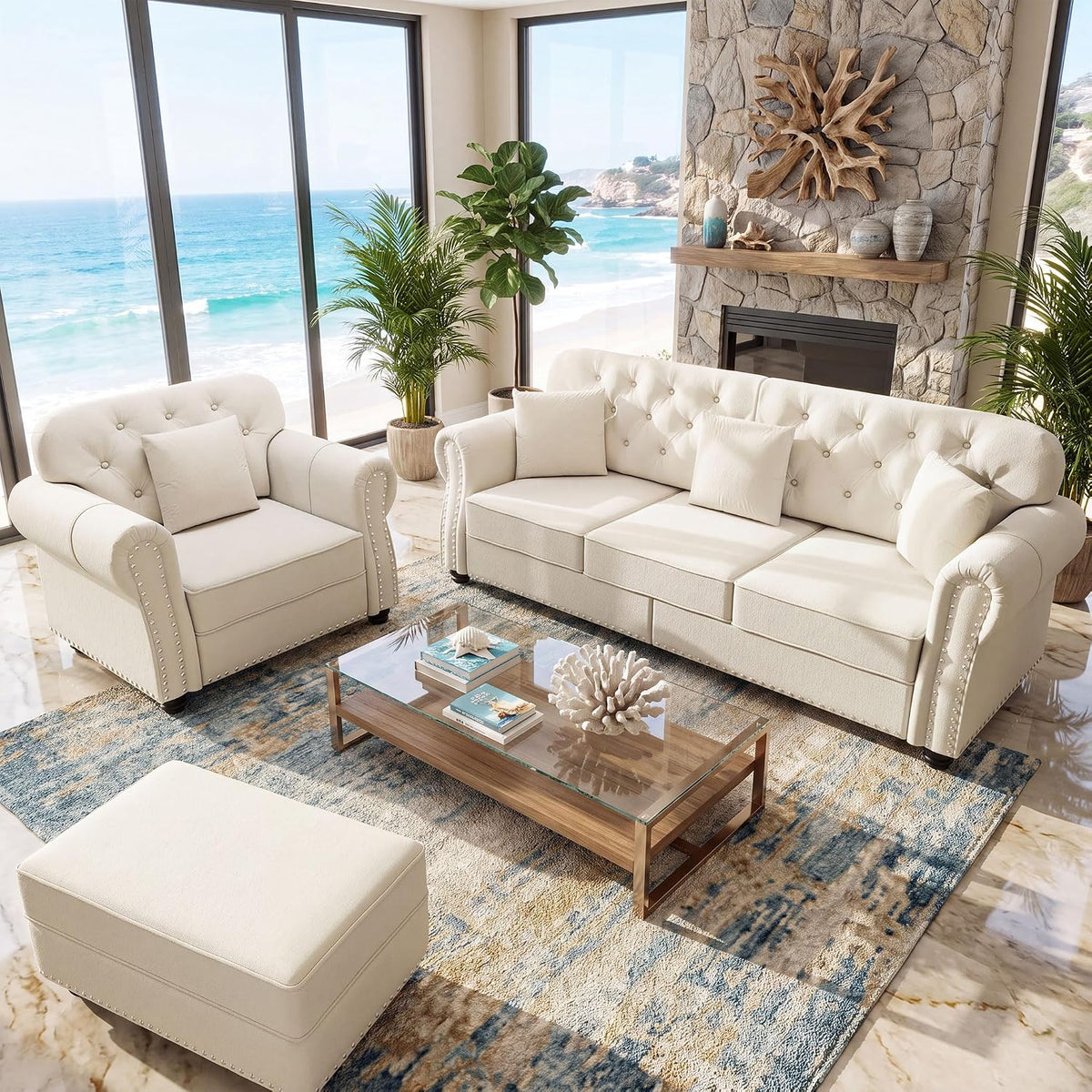 Ivory velvet sofa, loveseat and ottoman arranged by floor-to-ceiling windows with ocean view