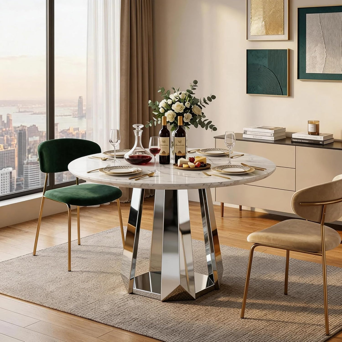 Side view of the round marble tabletop atop a reflective multi‑faceted chrome pedestal base, beige chair at edge.