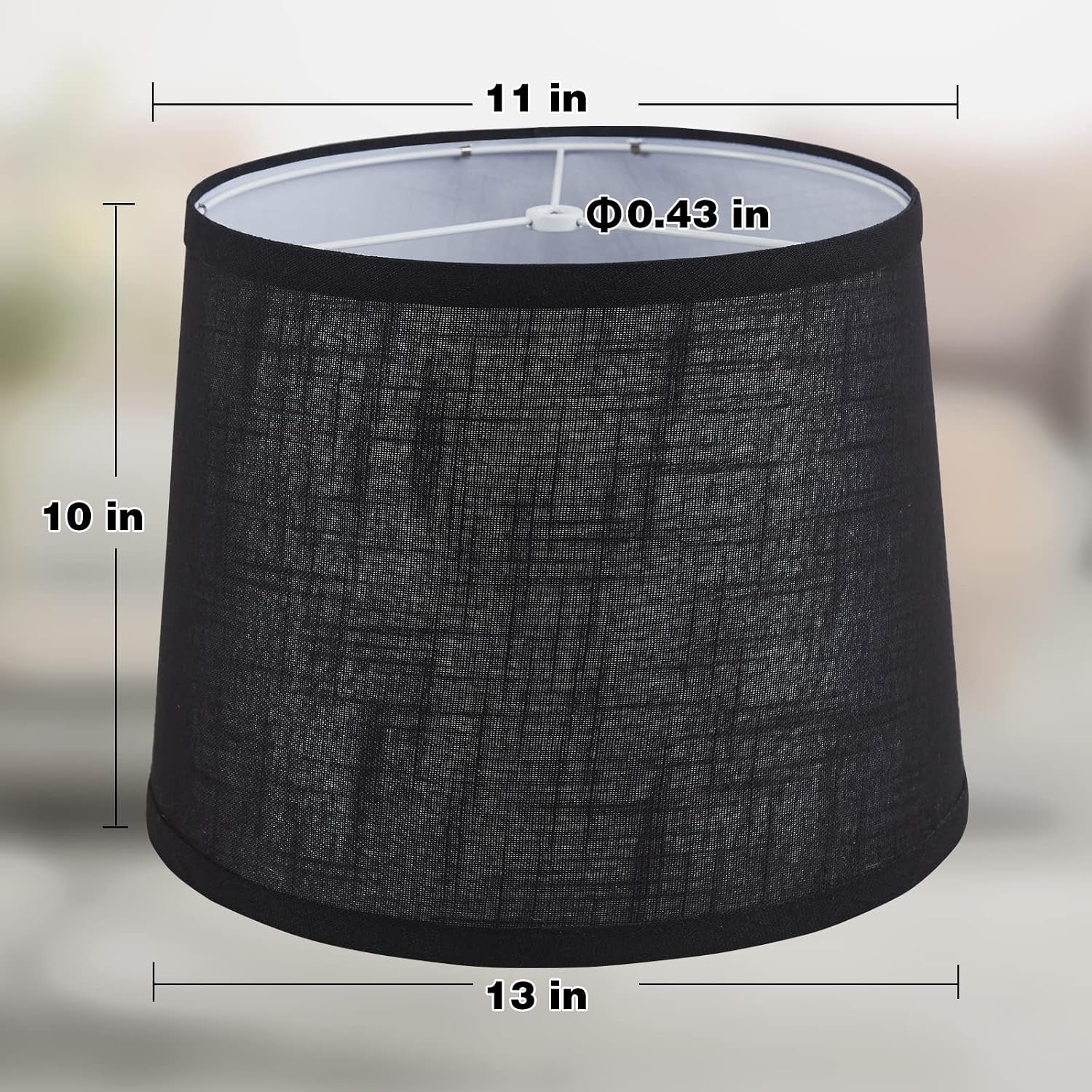 Black medium lamp shade showing measurements 11" top × 13" bottom × 10" height and spider washer fitter