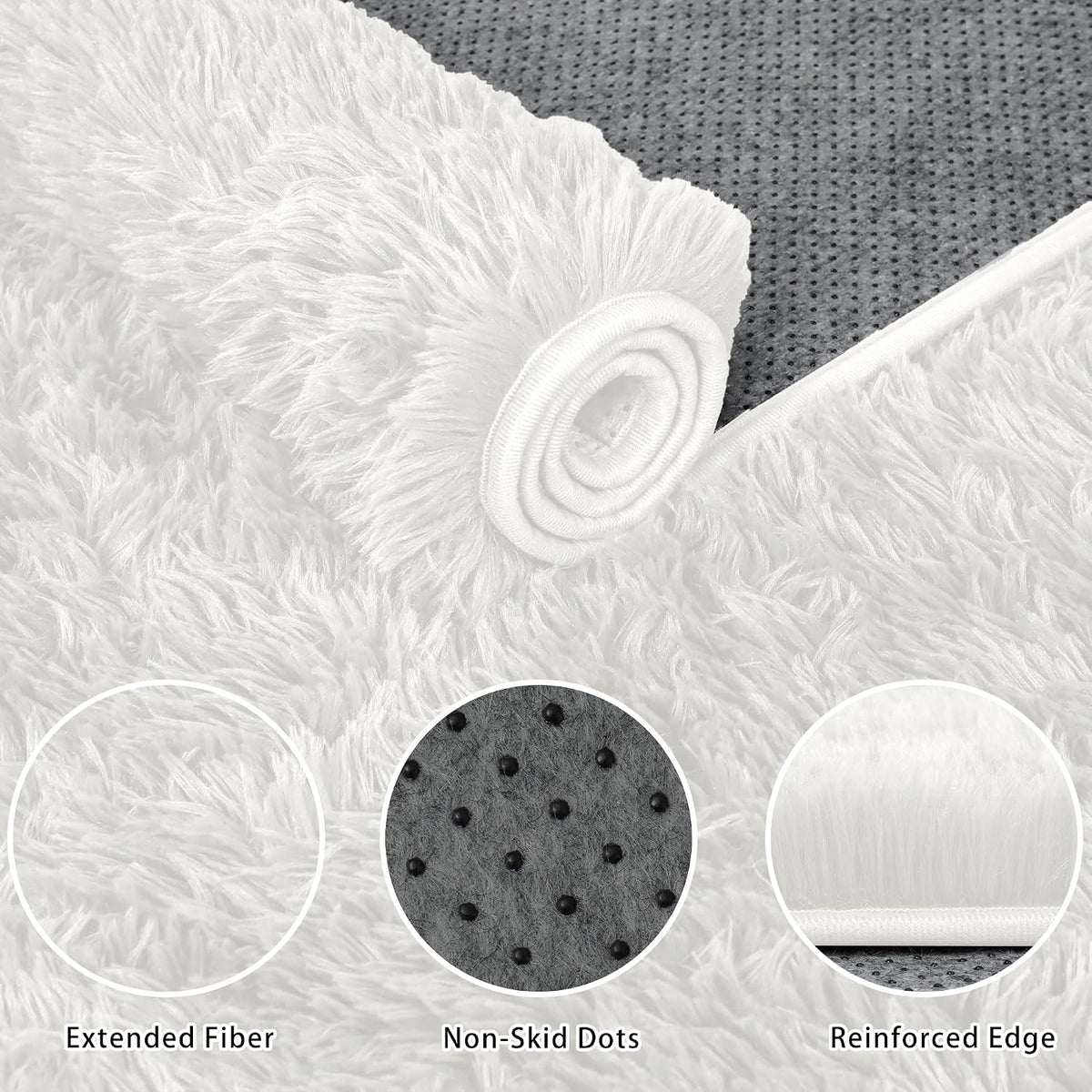 Rolled edge and non-skid dotted backing close-up of white fluffy shag rug