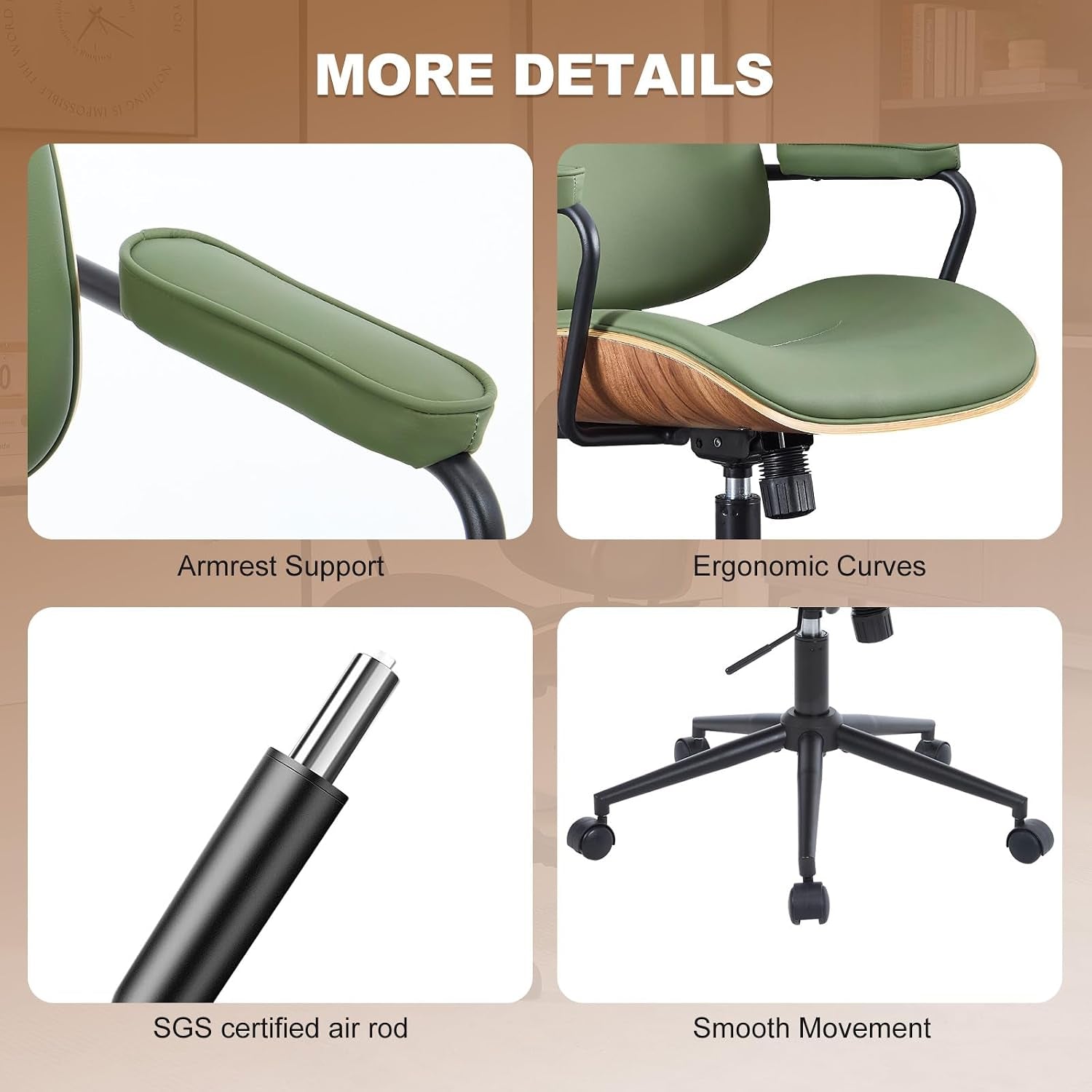 Four-detail grid showing padded armrest, contoured seat edge with wood shell, SGS-certified air rod close-up, and caster base