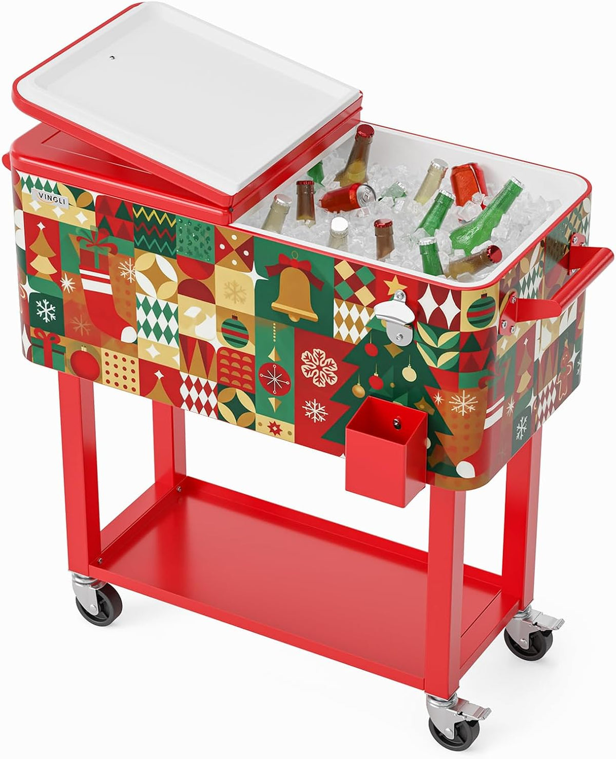 Red rolling cooler with festive holiday pattern on red stand, ice and bottles inside and a side-mounted bottle opener.
