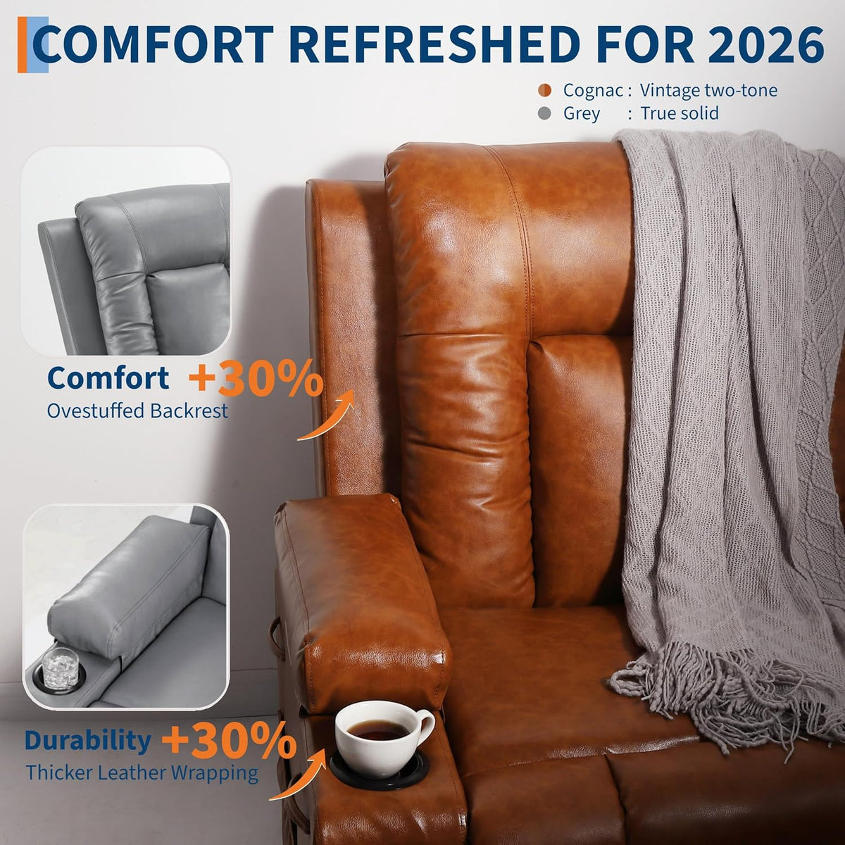 Cognac faux leather close-up of overstuffed backrest and arm with cup holder highlighting thicker leather wrapping
