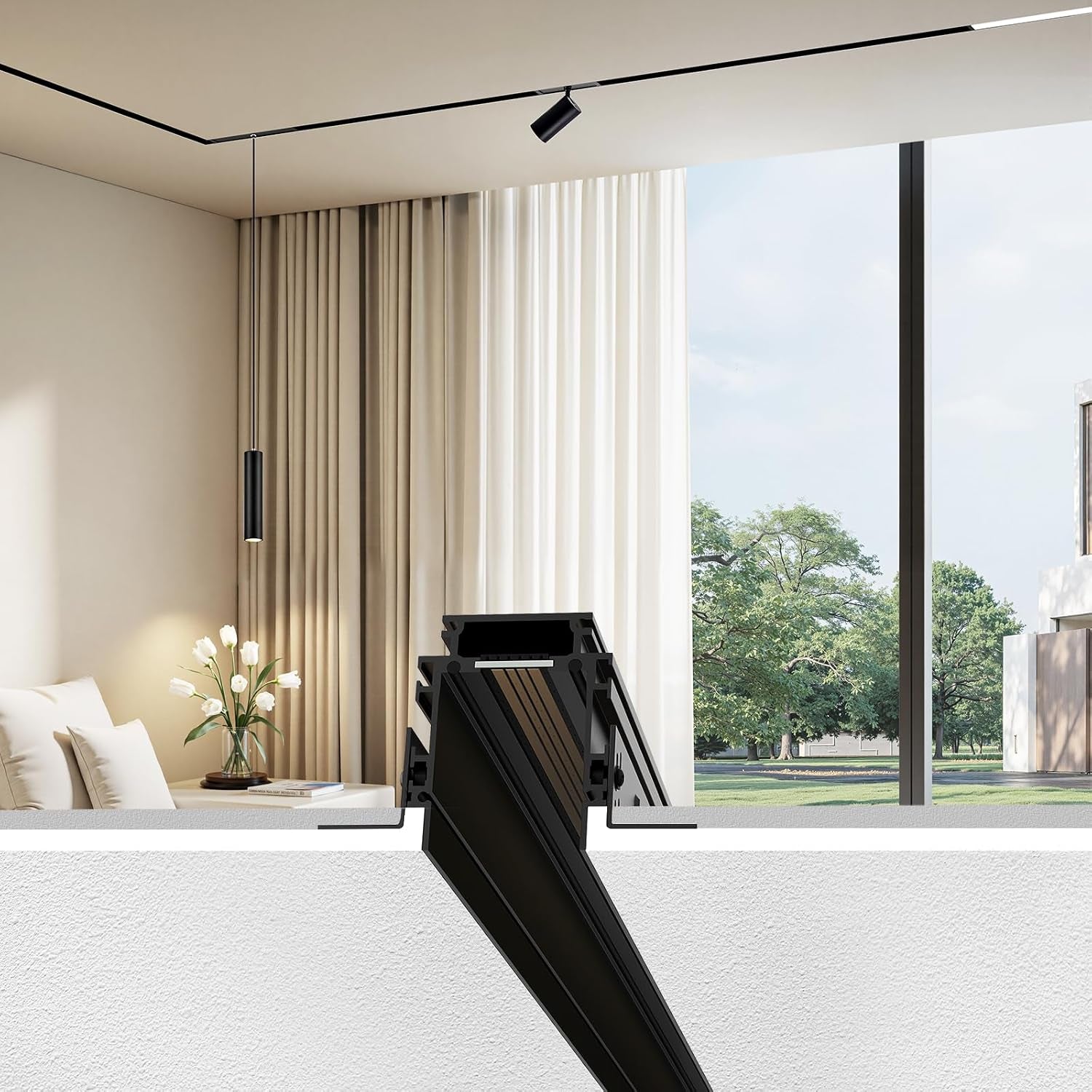 Black recessed magnetic track installed in ceiling cross-section with single black spotlight and pendant in living room