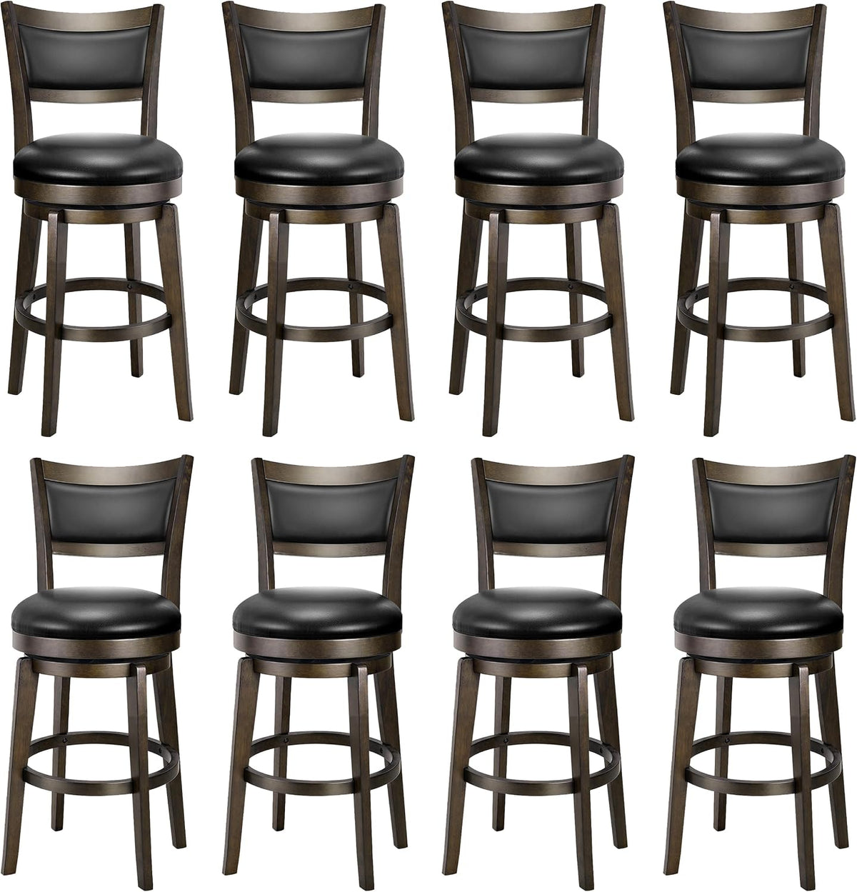 Eight identical high-back wooden bar stools with black seats arranged in two rows of four on white background.