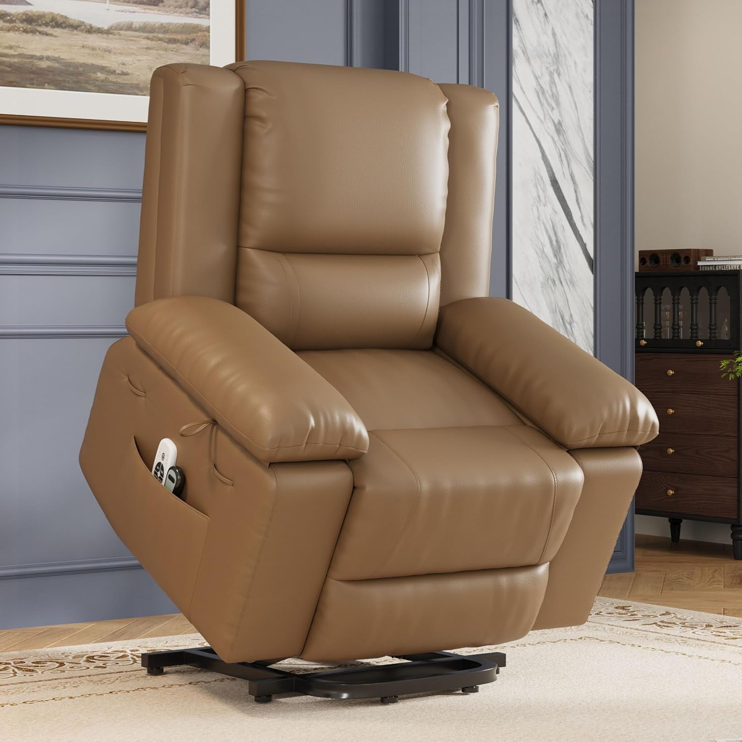 Three-quarter view of a tan power lift recliner captured partially raised in a room setting.