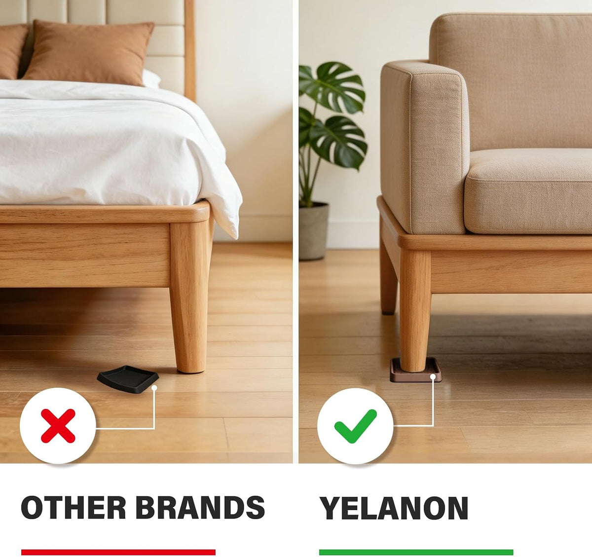 Split scene comparing a fallen pad beside a bed (left) and a pad correctly placed under a sofa leg (right).
