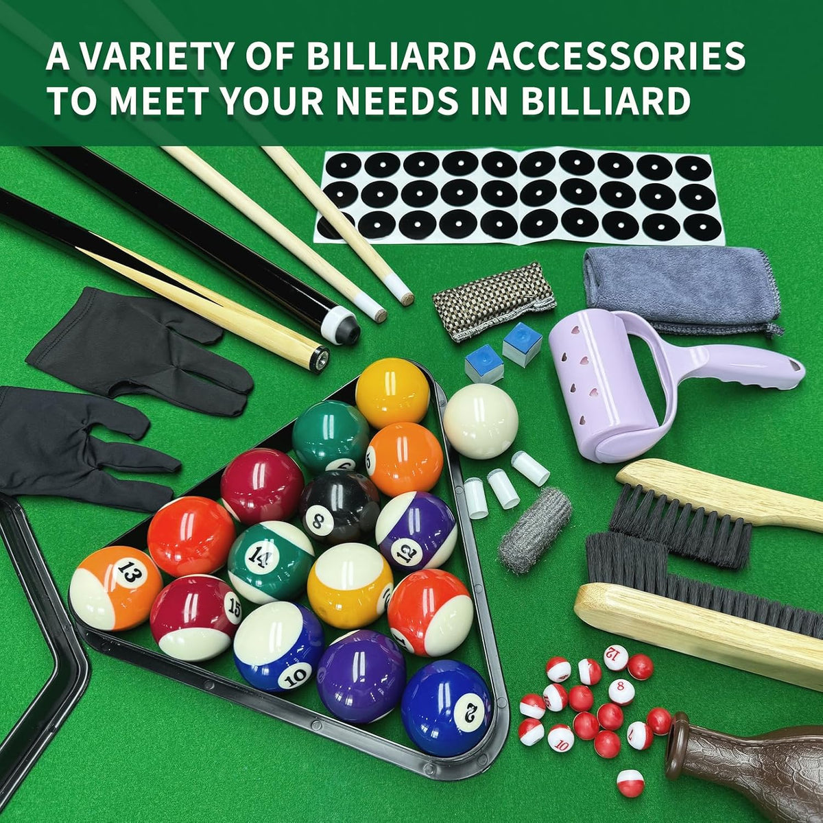 Assorted billiard accessories on green felt including black shooting gloves, chalk cubes, purple lint roller and cleaning r
