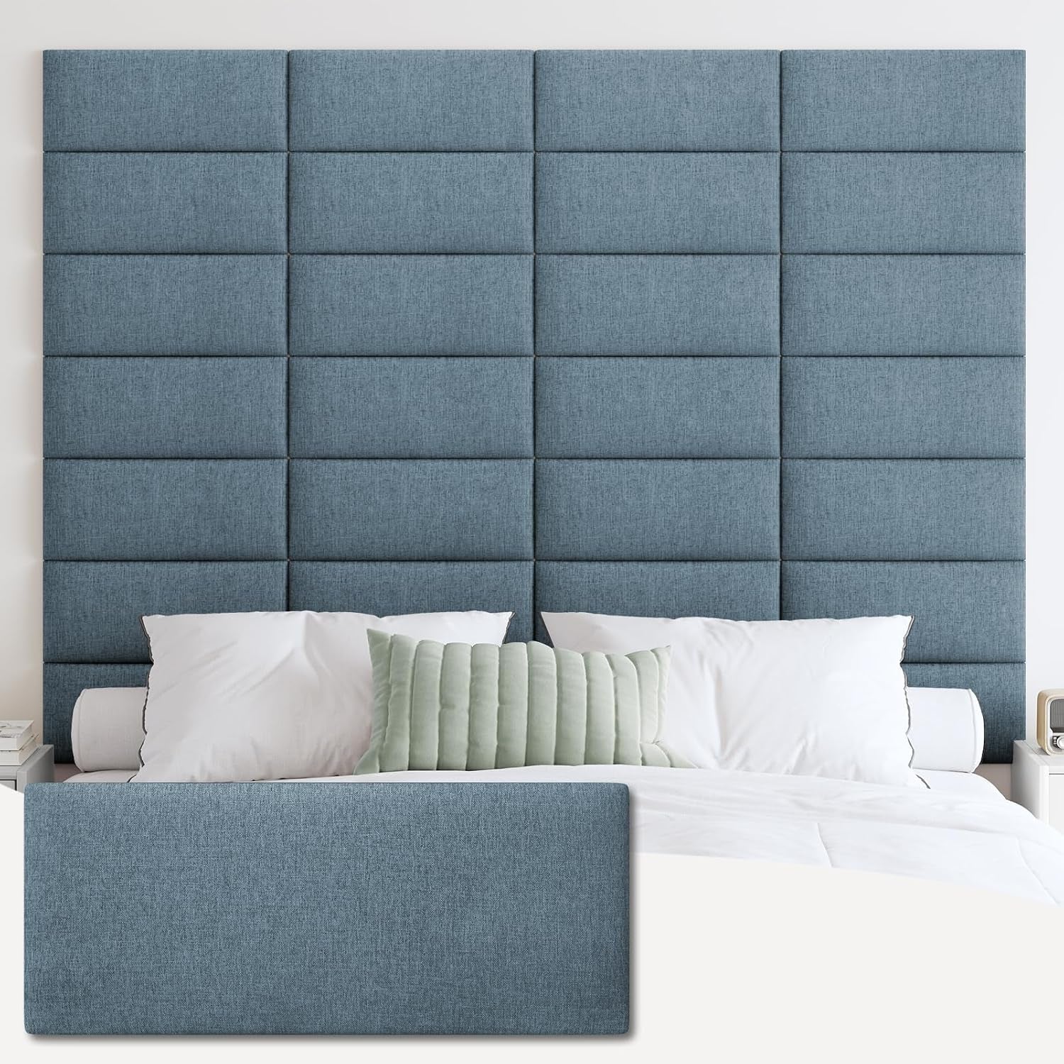 Bedroom view with a tall, grid-tufted blue wall headboard behind a bed and a close-up inset of one rectangular panel.