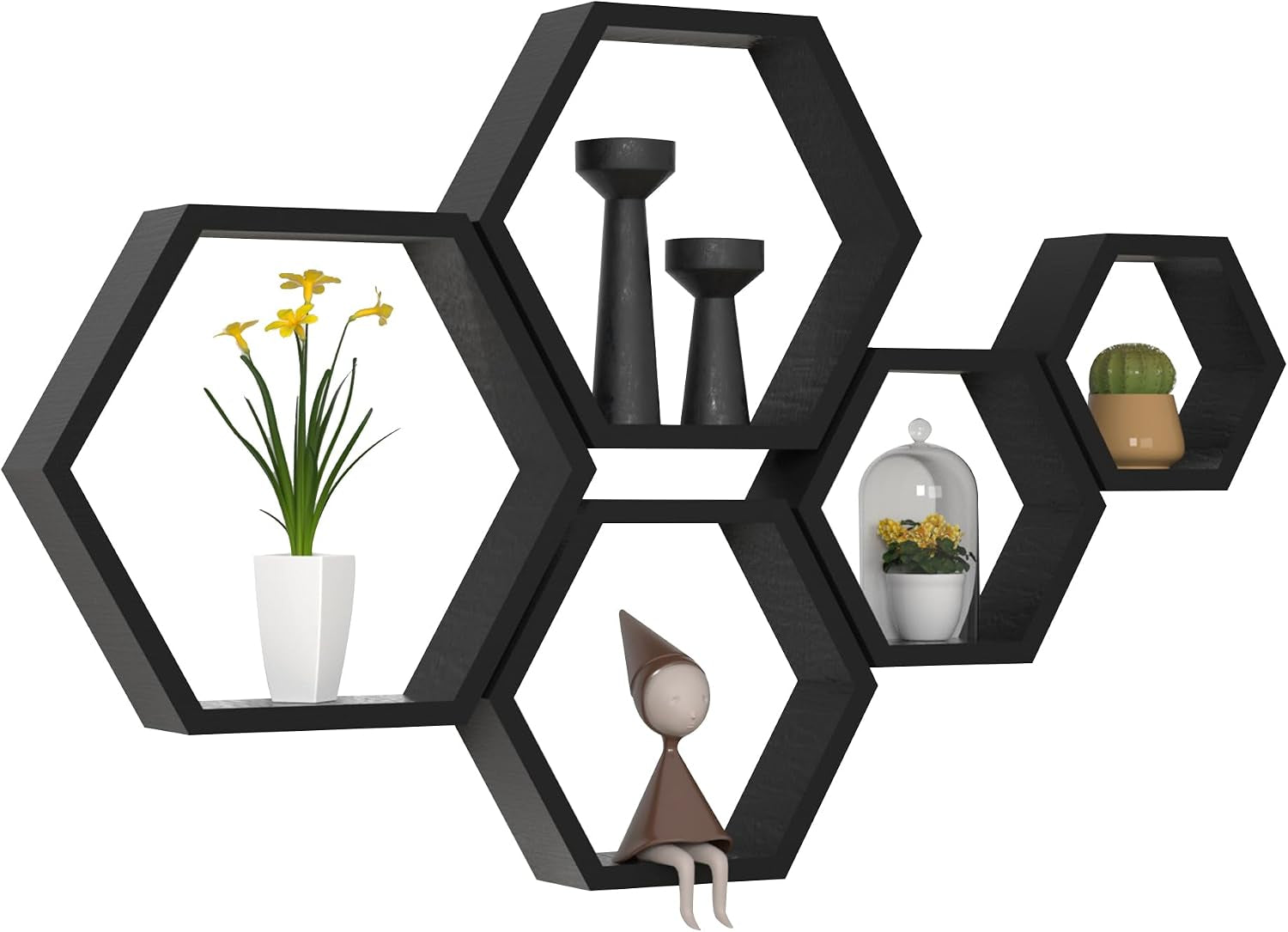 Cluster of six black hexagon floating shelves mounted with small decor on white background.