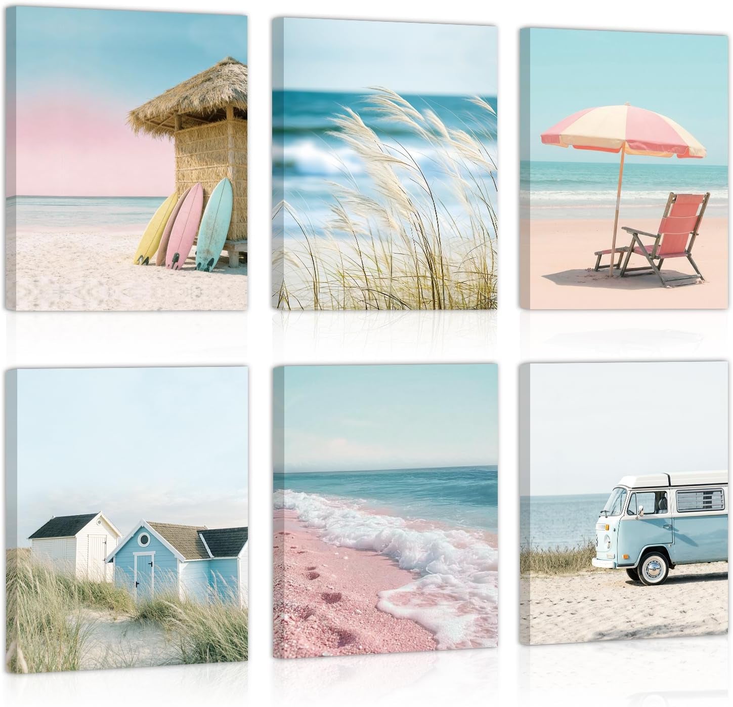 Six coastal-themed canvas prints arranged in two rows showing beaches, surfboards, dunes and a retro van.