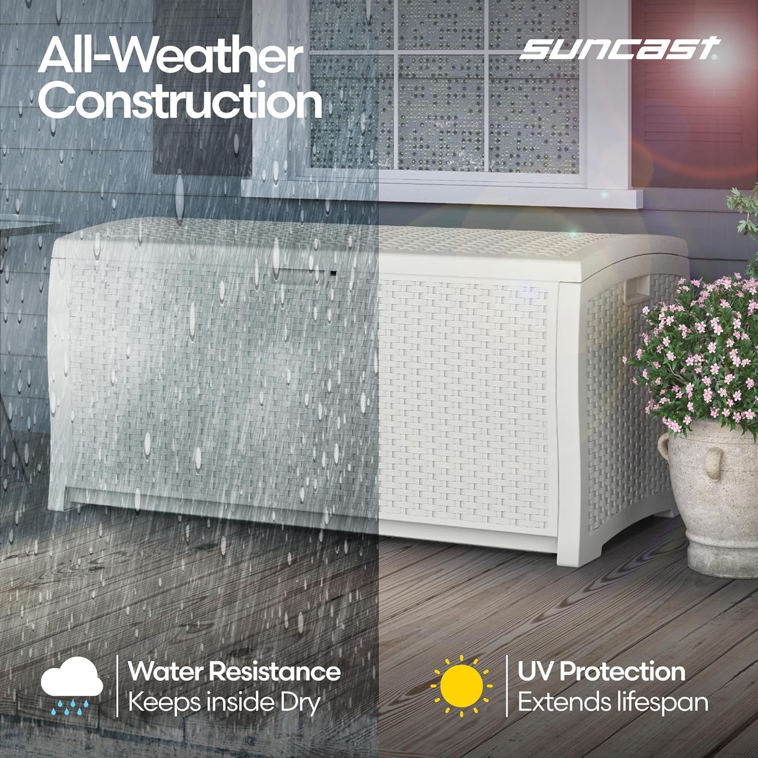 Split image of the same white deck box with rain effects on the left and clear sunlit view on the right.