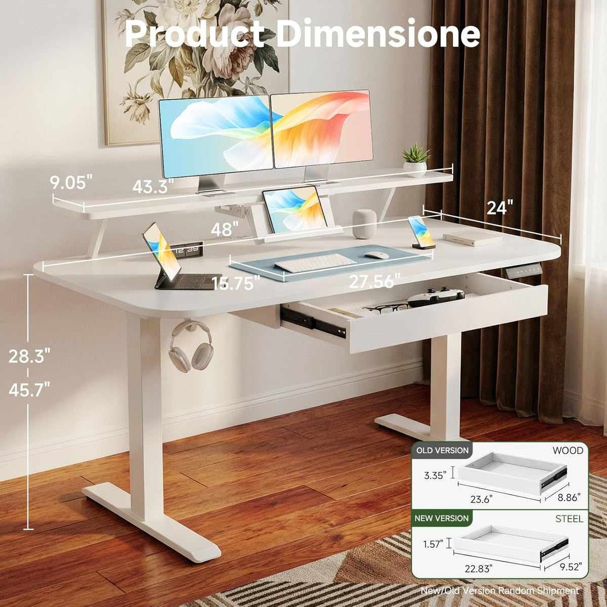 Desk shown with overlaid dimension graphics indicating 48x24 top, height measurements and drawer size comparison