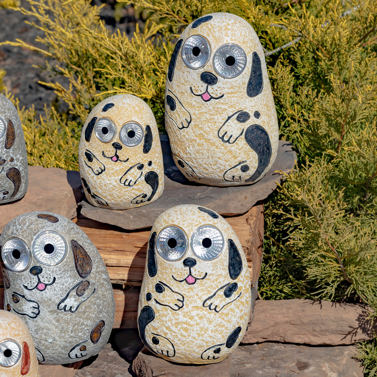Painted stone dogs with oversized eyes sit among shrubs on stacked rocks.