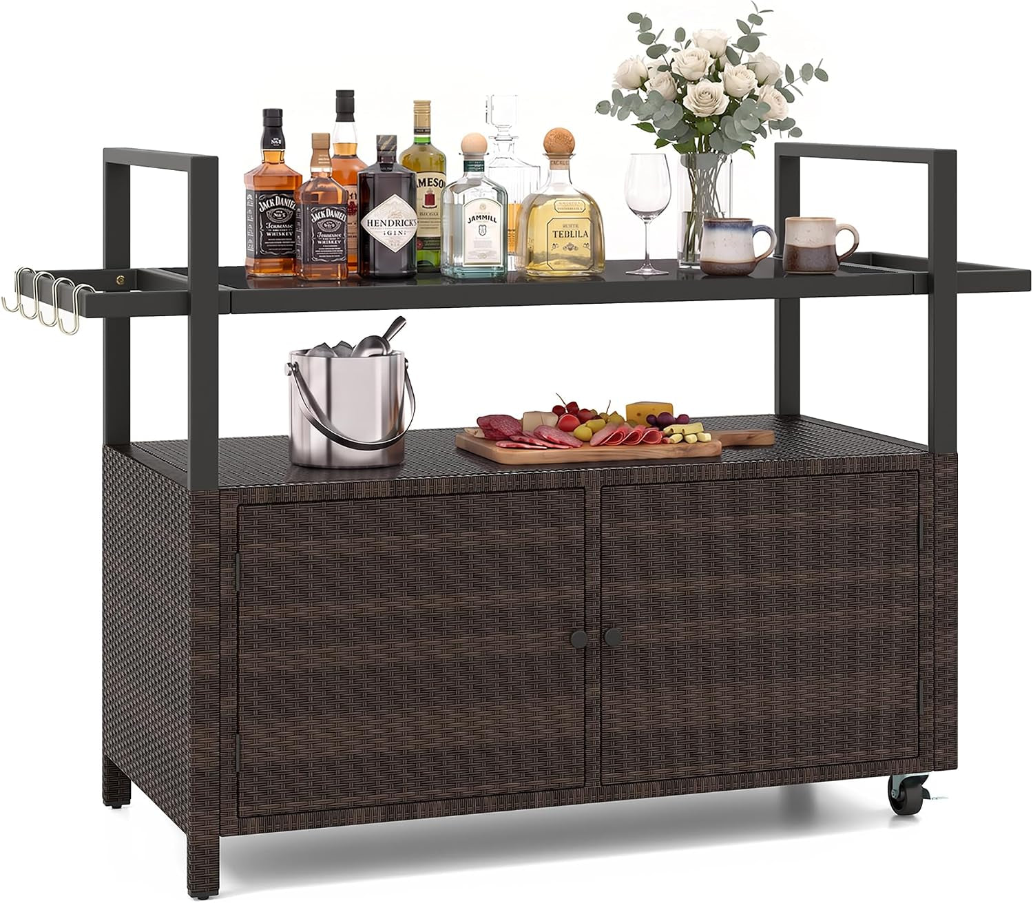 Front studio view of a single dark-brown rattan bar cart with closed cabinet doors and bottles on top.