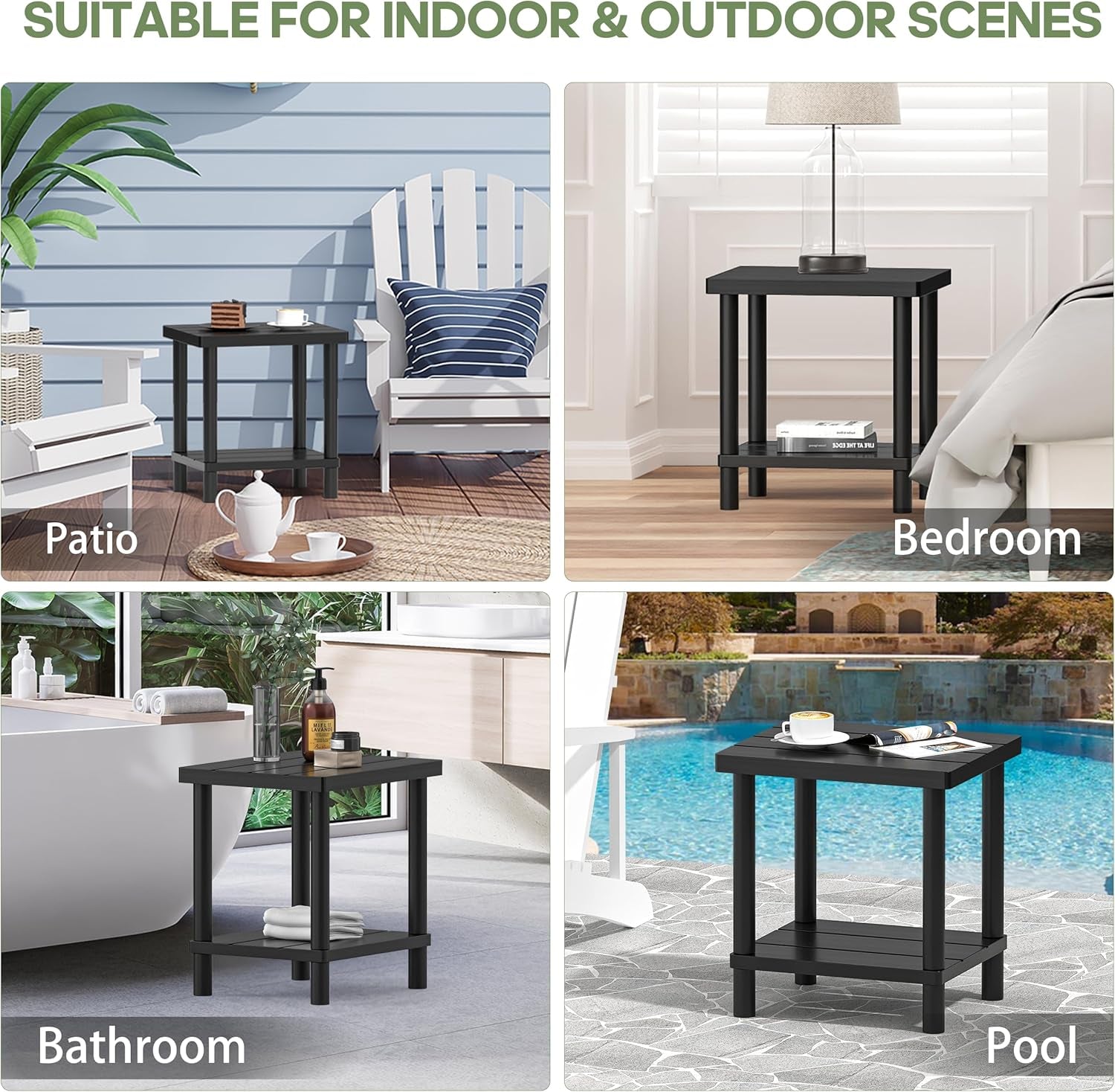Collage of the same small black two-tier side table shown in patio, bedroom, bathroom and pool settings.