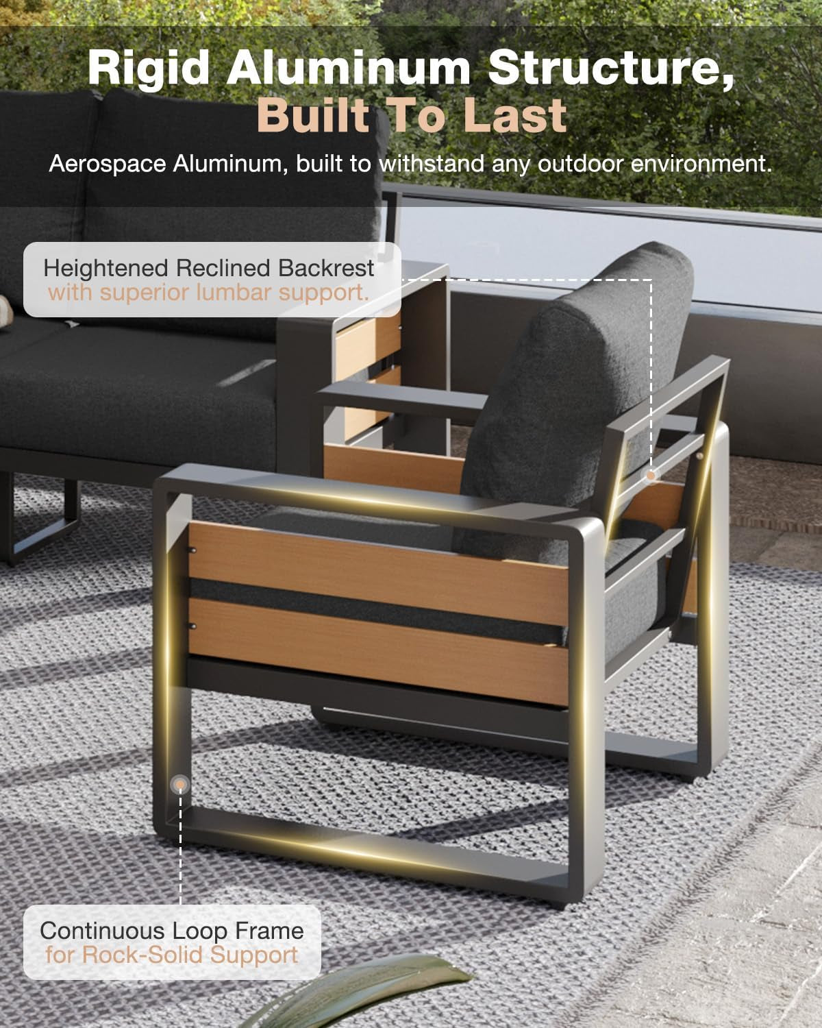 Close view of a single chair's continuous loop aluminum frame with wood-look slats and tall back cushion.