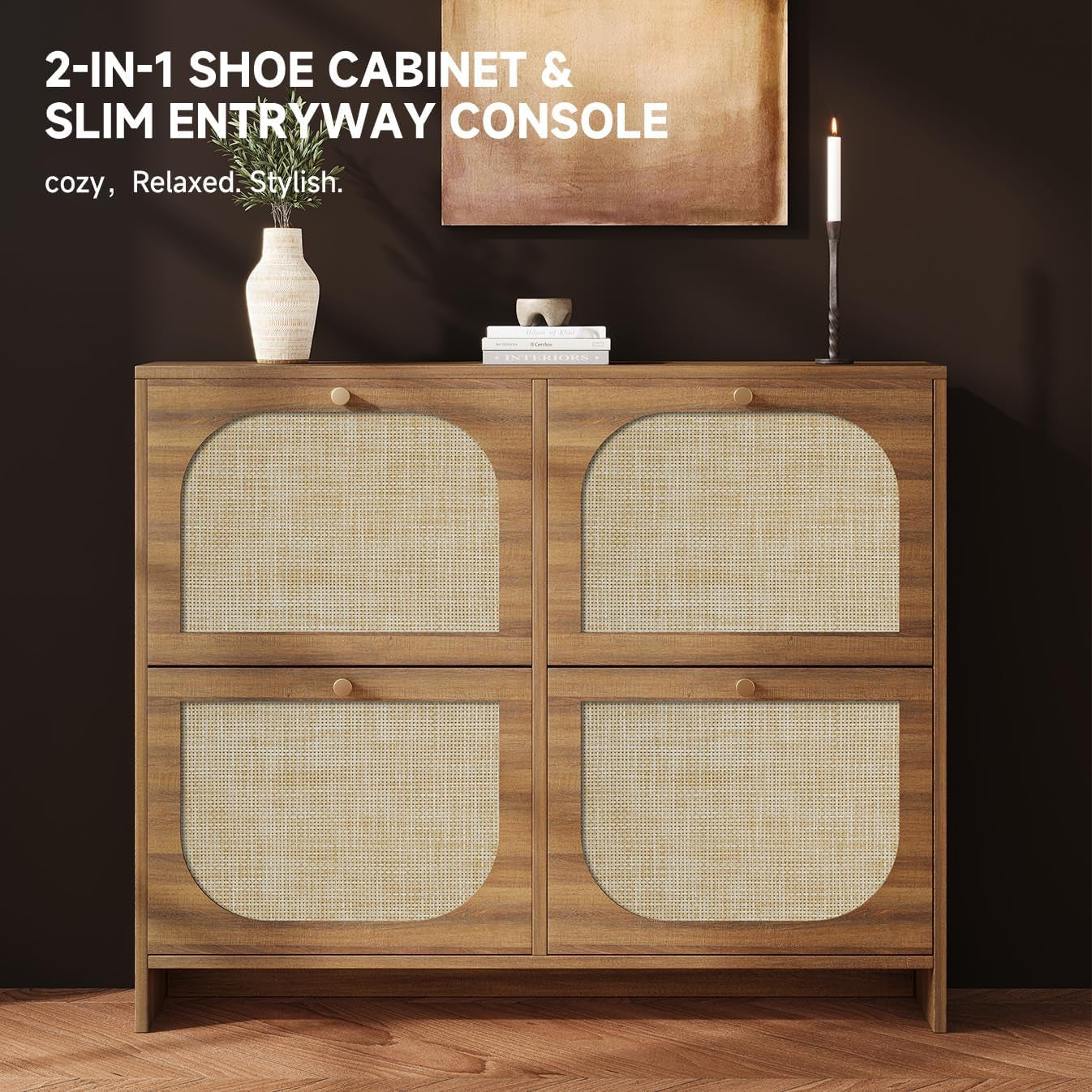Straight-on product shot set against a dark wall with a tall candle and a ceramic vase on the cabinet top.