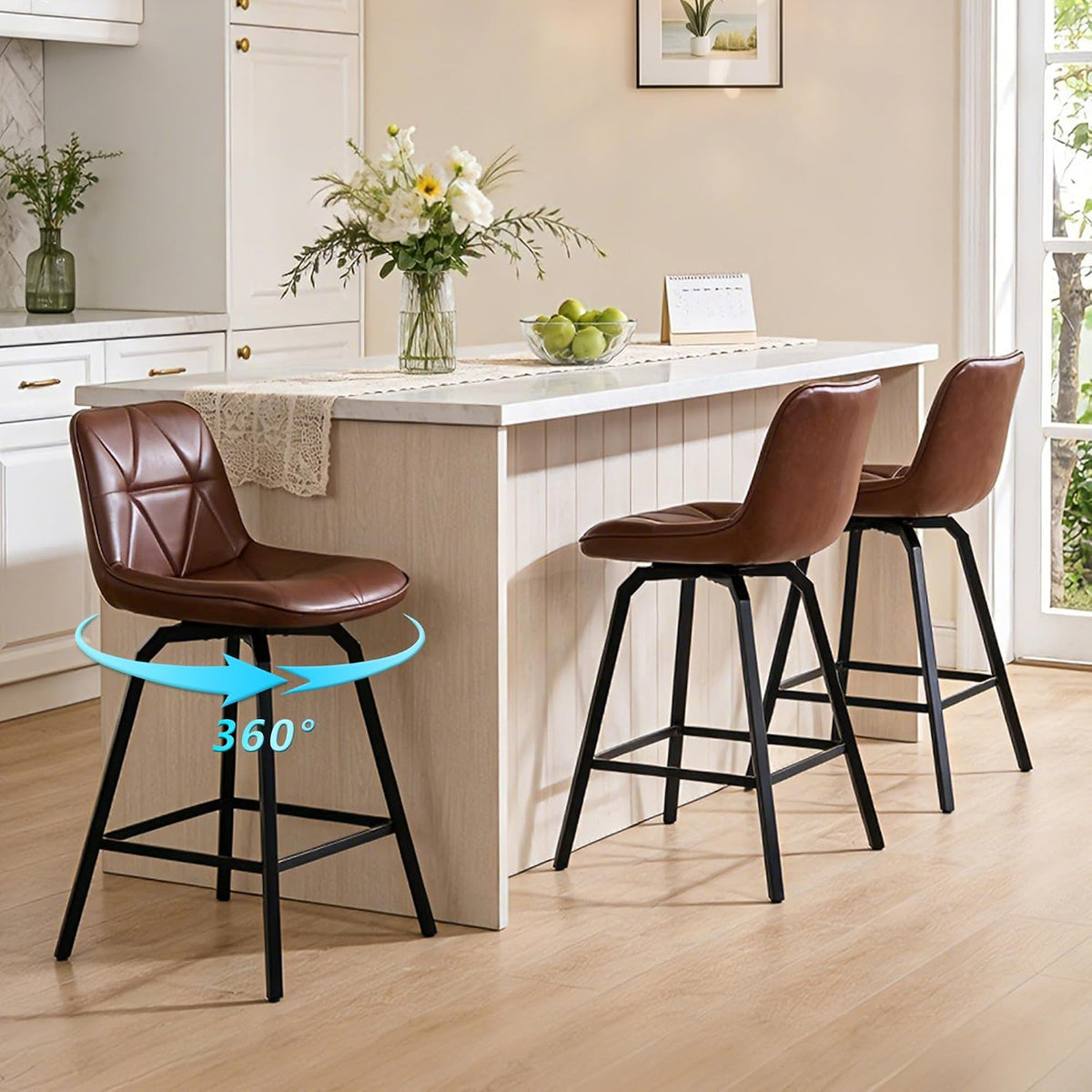 Three brown faux-leather counter stools with black metal legs beside a light kitchen island; a blue rotation graphic