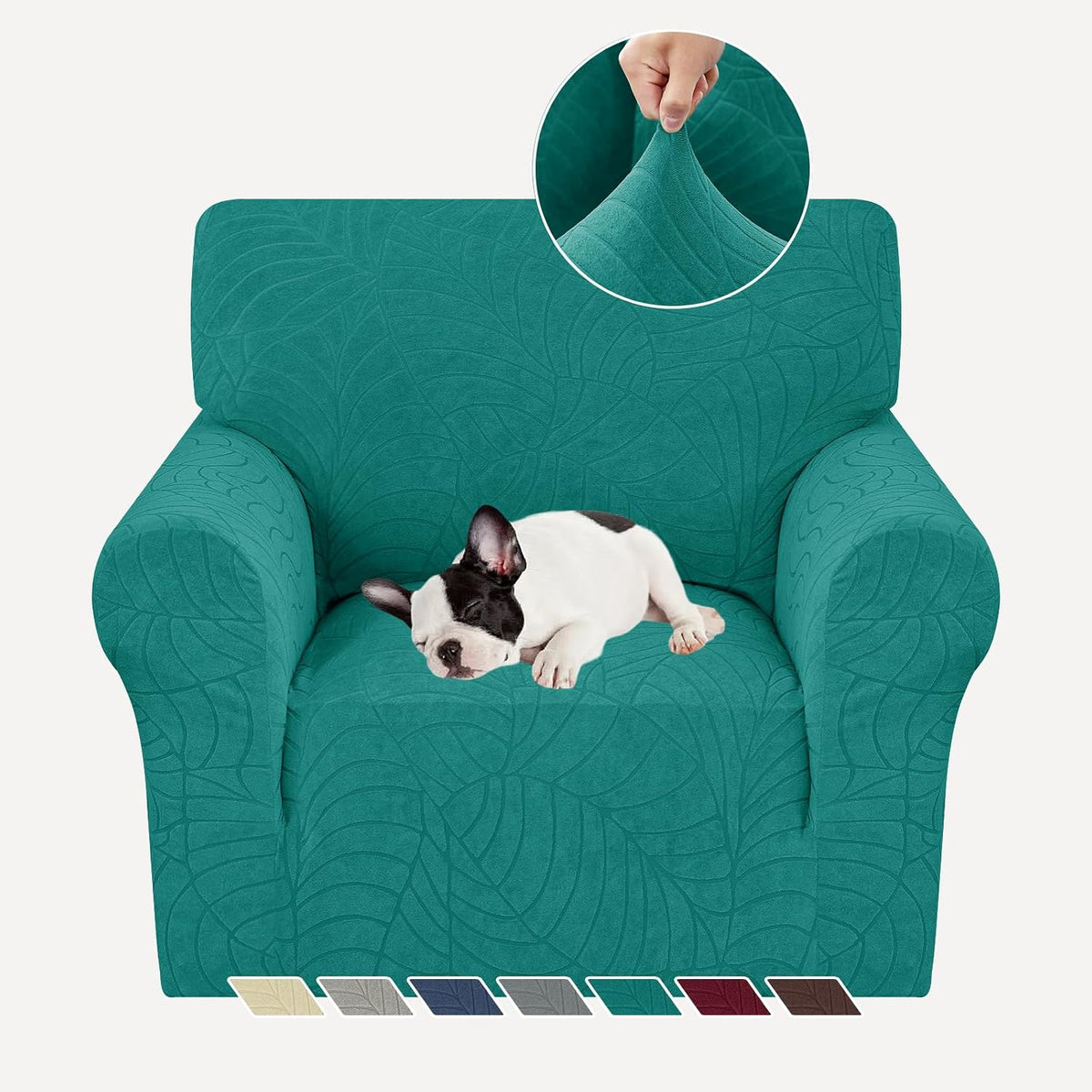 Single armchair in teal leaf-pattern cover with a sleeping small dog and an inset circle showing a hand stretching the fabric