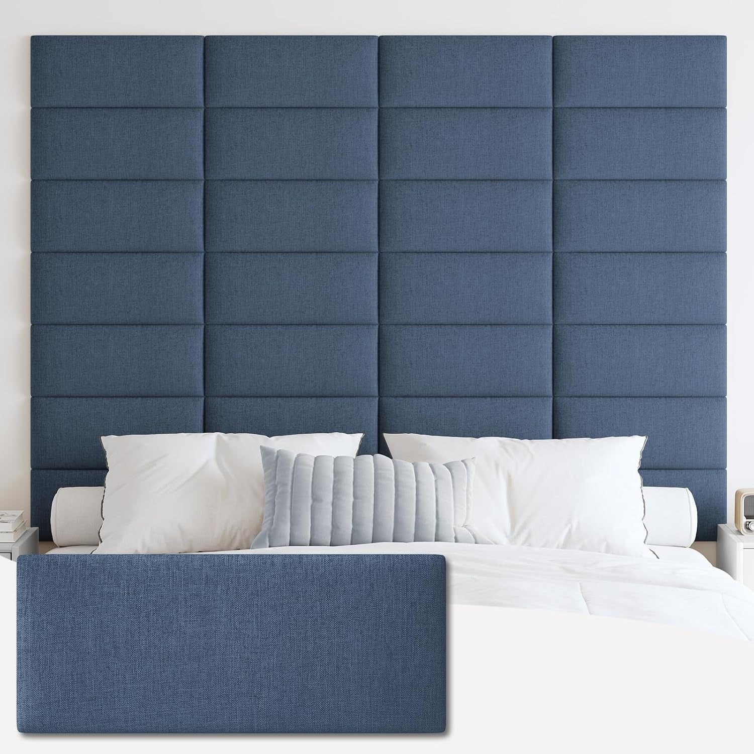 Bed with a tall navy-blue rectangular tufted panel headboard grid mounted on the wall and a matching swatch panel in front.