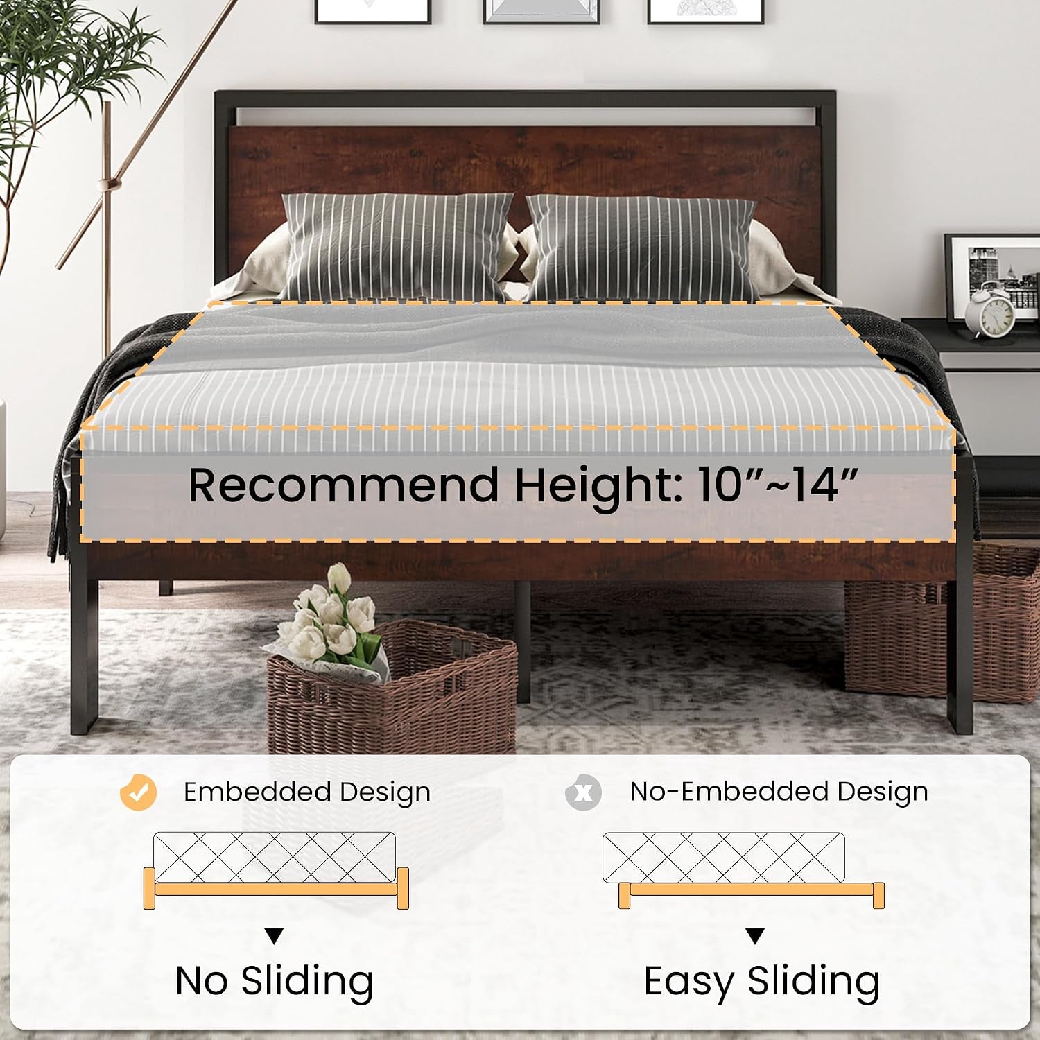 Front view of assembled bed in a bedroom with mattress, headboard panel, baskets underneath and bedside decor
