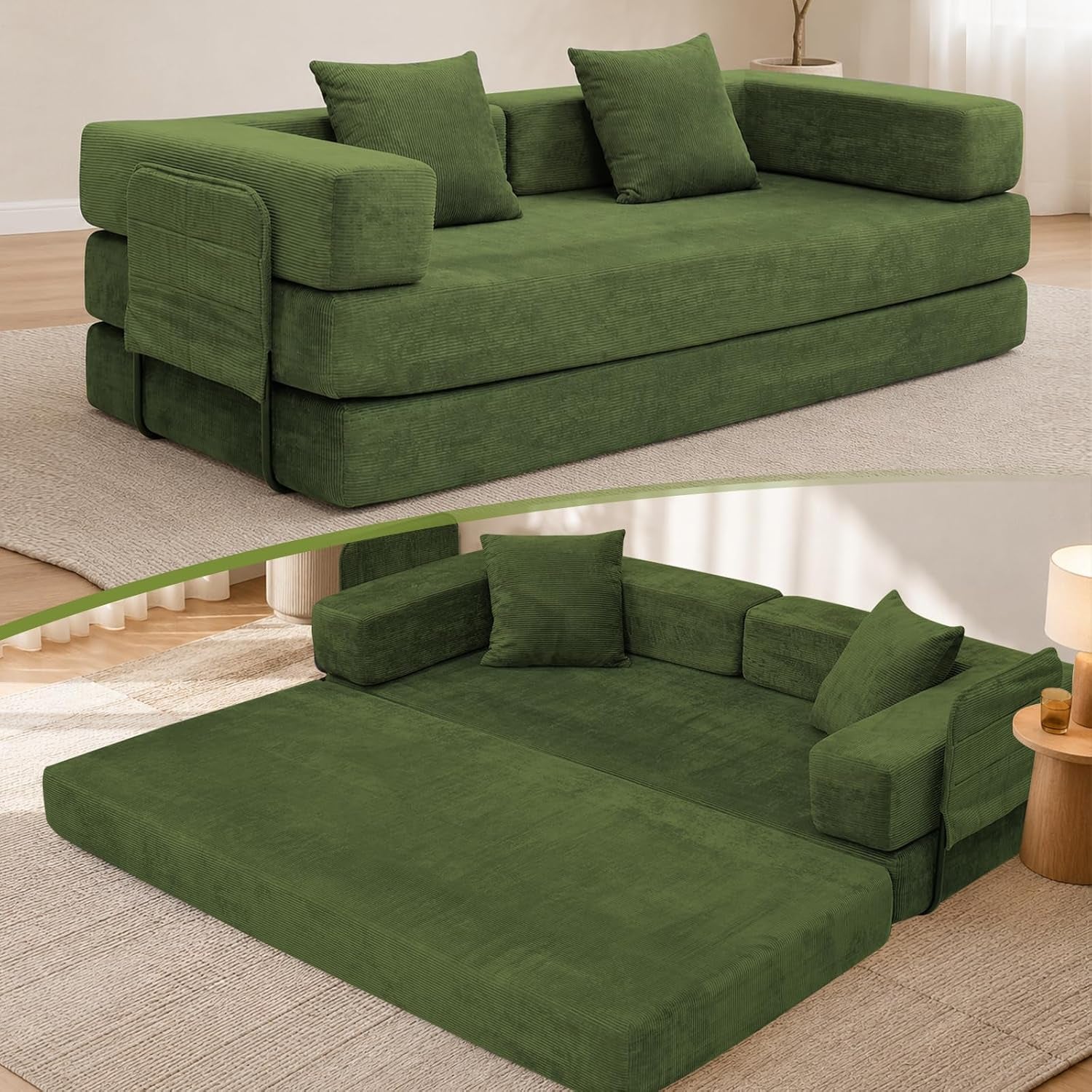 Green corduroy convertible floor loveseat shown as sofa on top and opened flat bed below with side table visible.