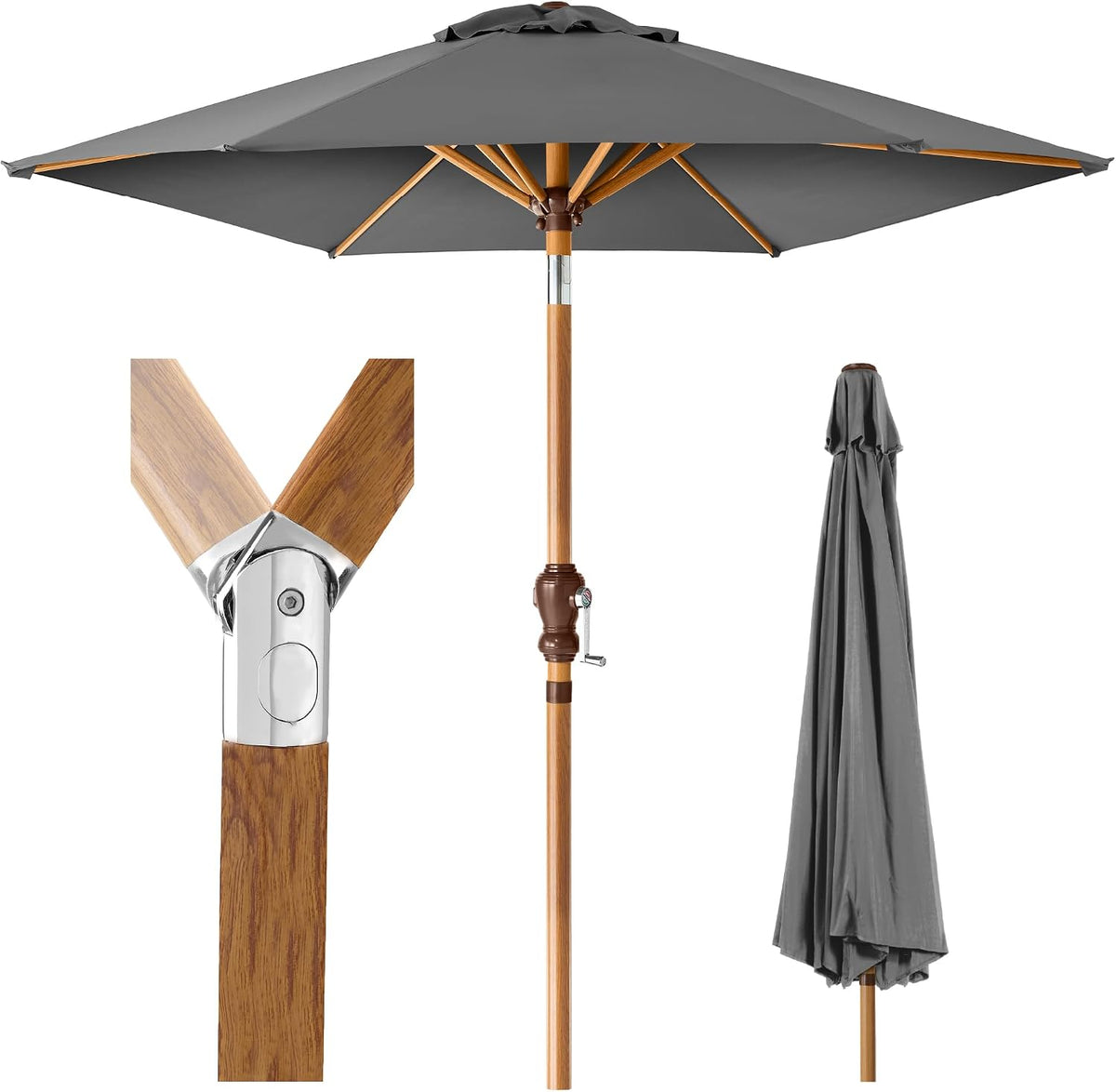 Open charcoal-gray canopy with wood pole, close-up joint and folded umbrella at right.