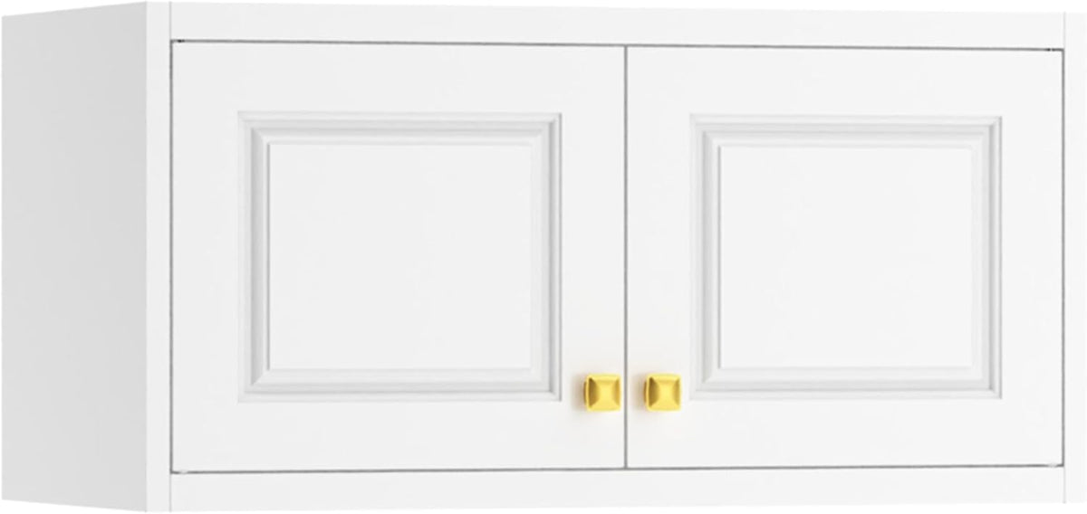 Close-up of a cabinet's double doors showing recessed panels and small square gold knobs.