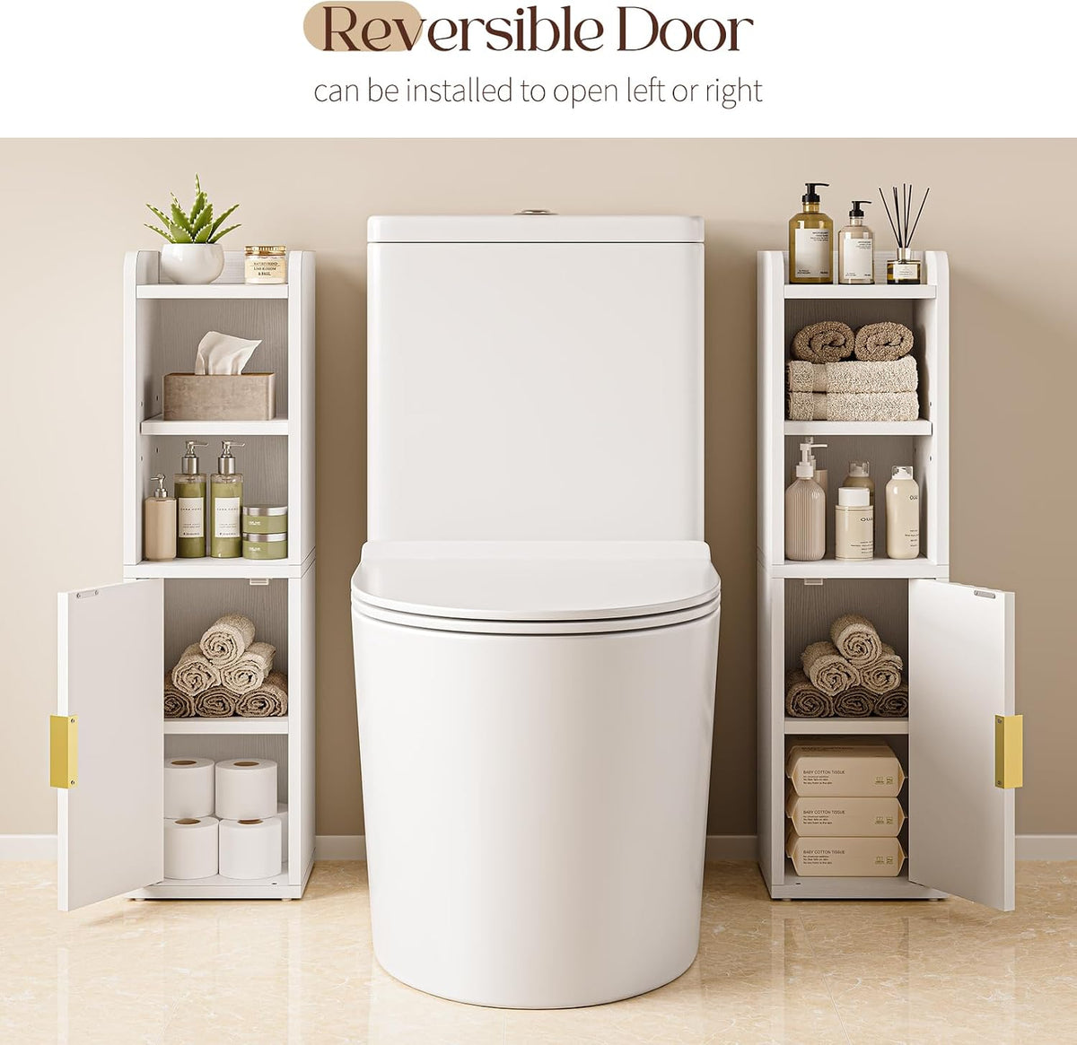 Two slim white bathroom cabinets flanking a toilet showing reversible door orientation and storage layout
