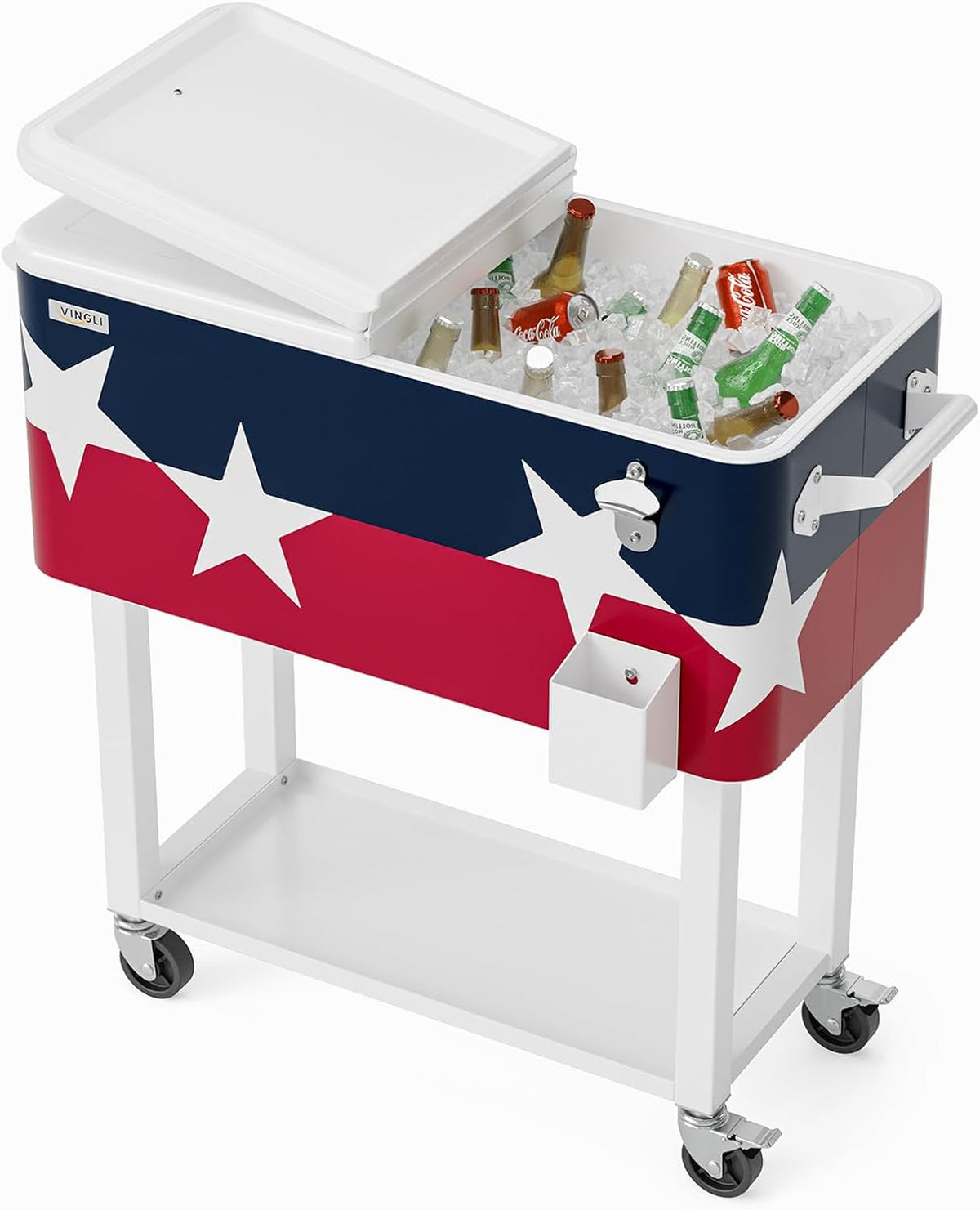 Patriotic patterned rolling cooler with stars and stripes, open lid revealing drinks and ice, mounted on white legs with