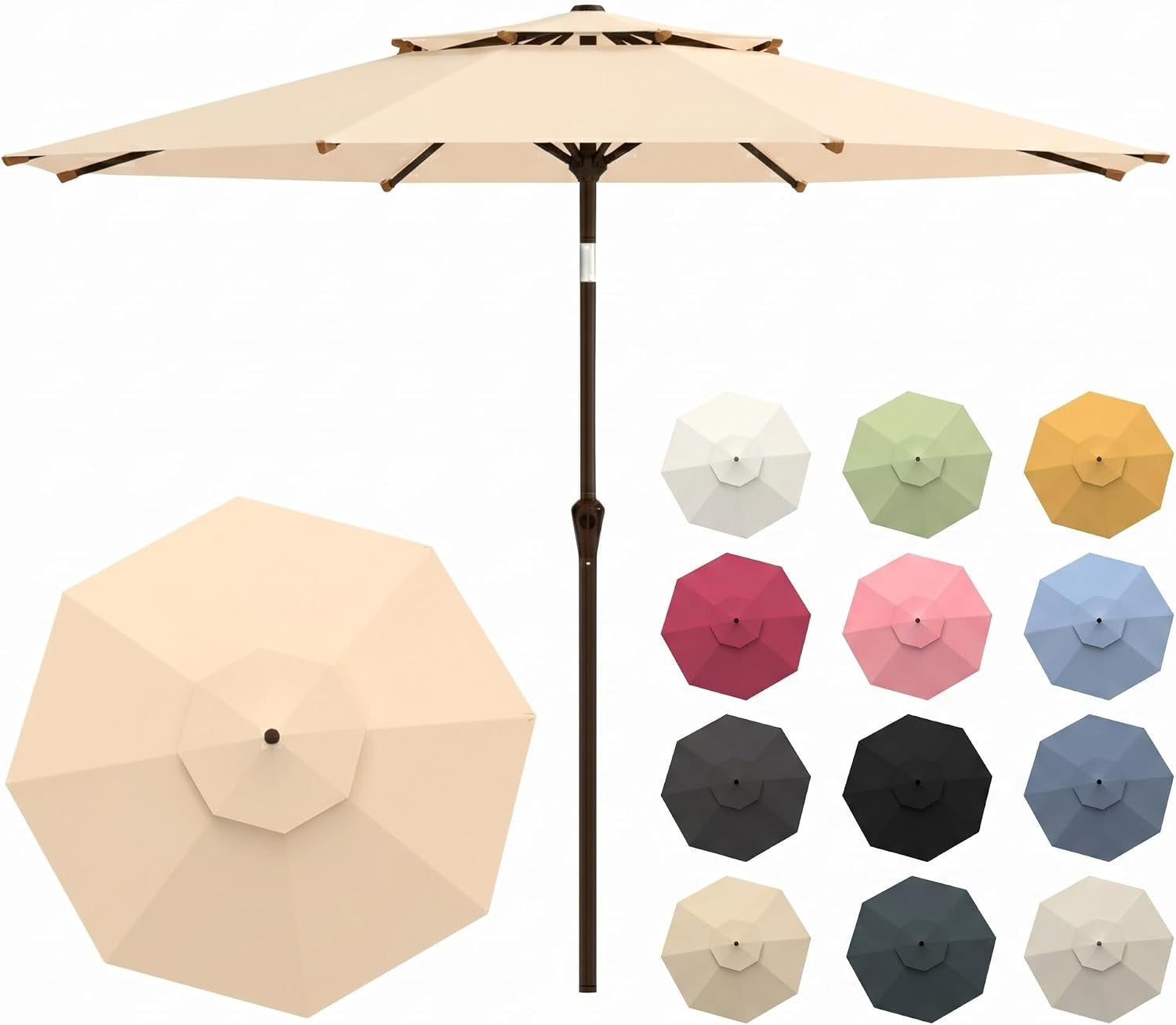 Beige 10ft round patio umbrella with vented double canopy, crank pole, and small swatch grid of other colors