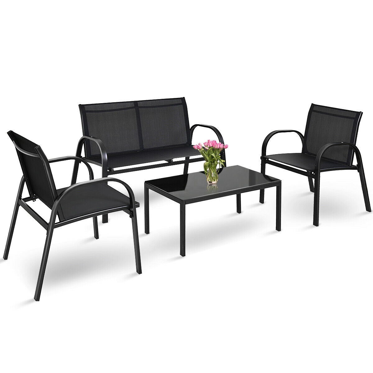 4 Pieces Patio Furniture Set with Glass Top Coffee Table, Black