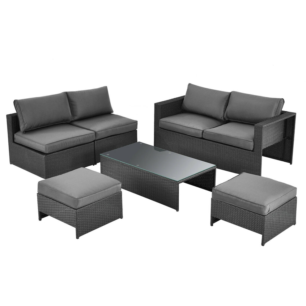 6 Pieces Patio Rattan Furniture Set with Glass Table and Cushioned Seat, Gray