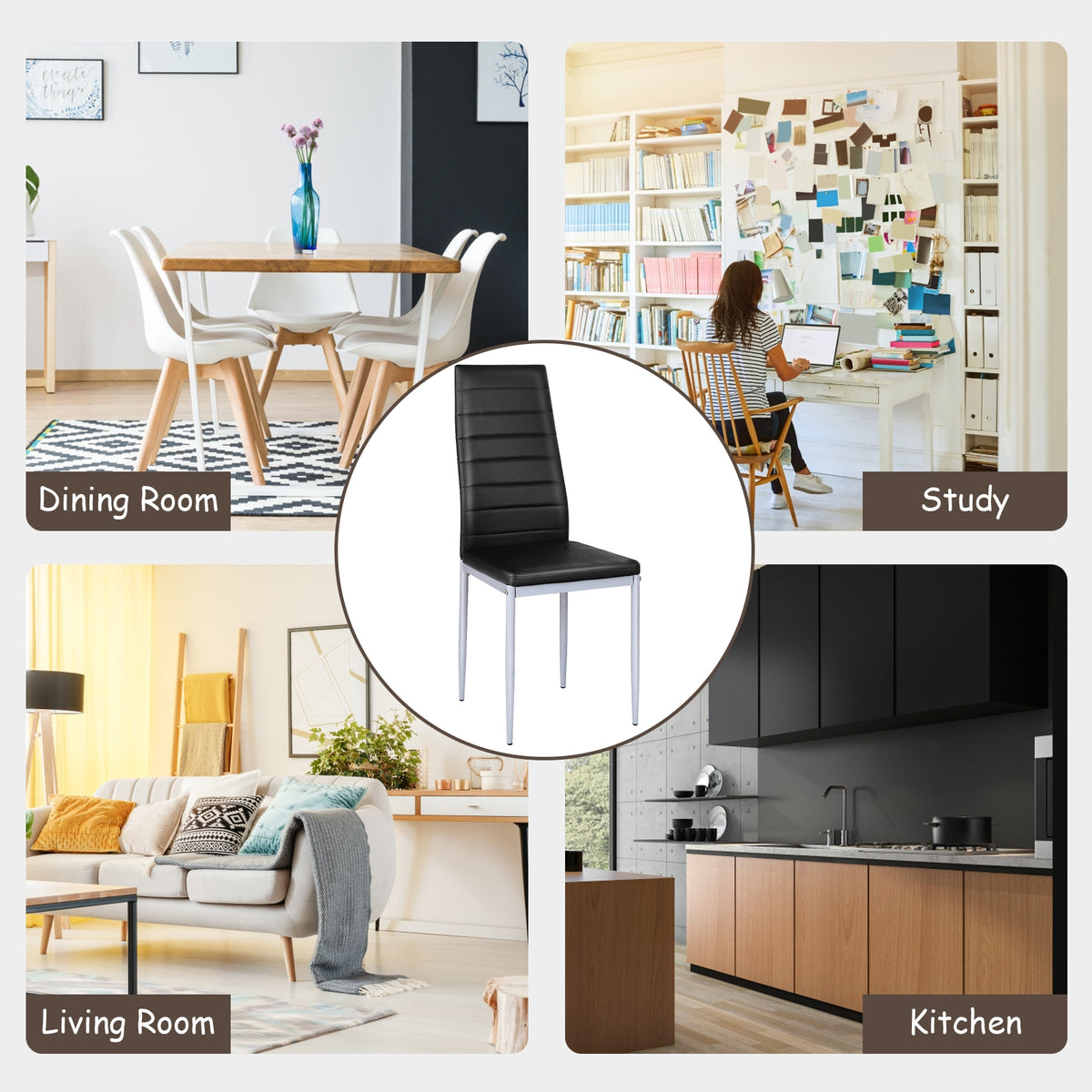 Black dining chair shown among dining room, study, living room, and kitchen scenes.