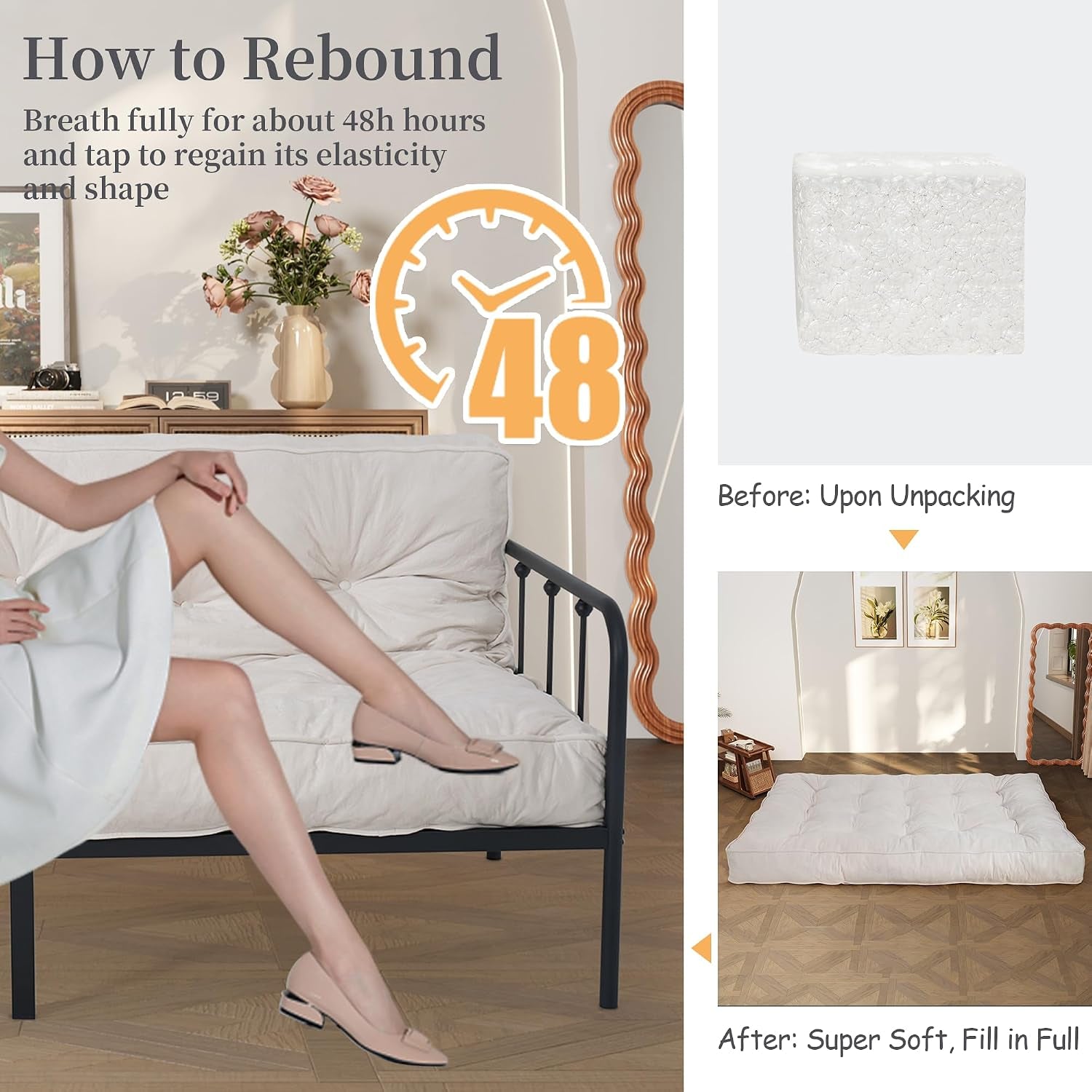 Graphic collage showing foam block and before-and-after rebound with 48 hour expansion note