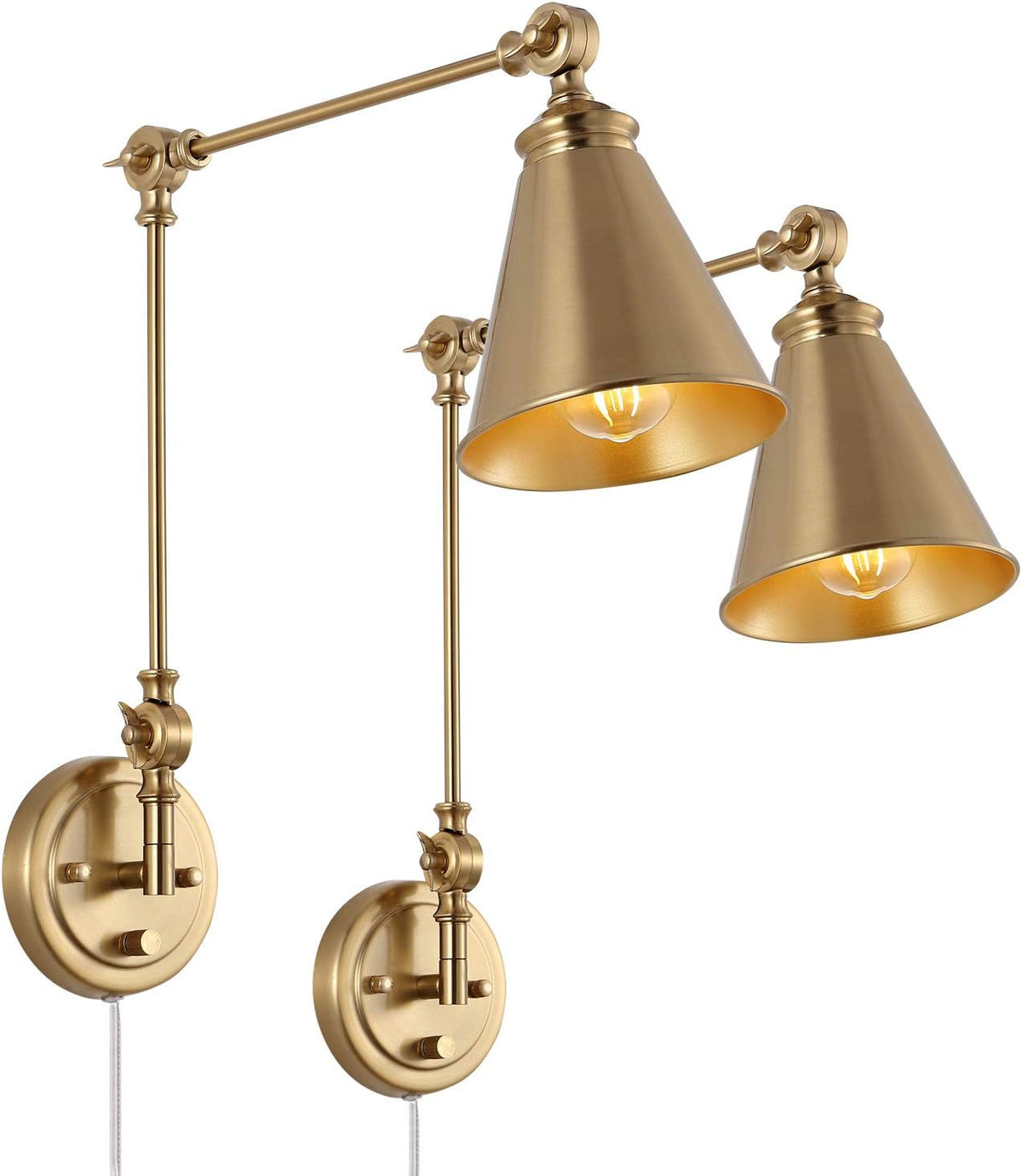 Pair of brass swing-arm wall sconces close-up showing conical shades and dual articulated arms.