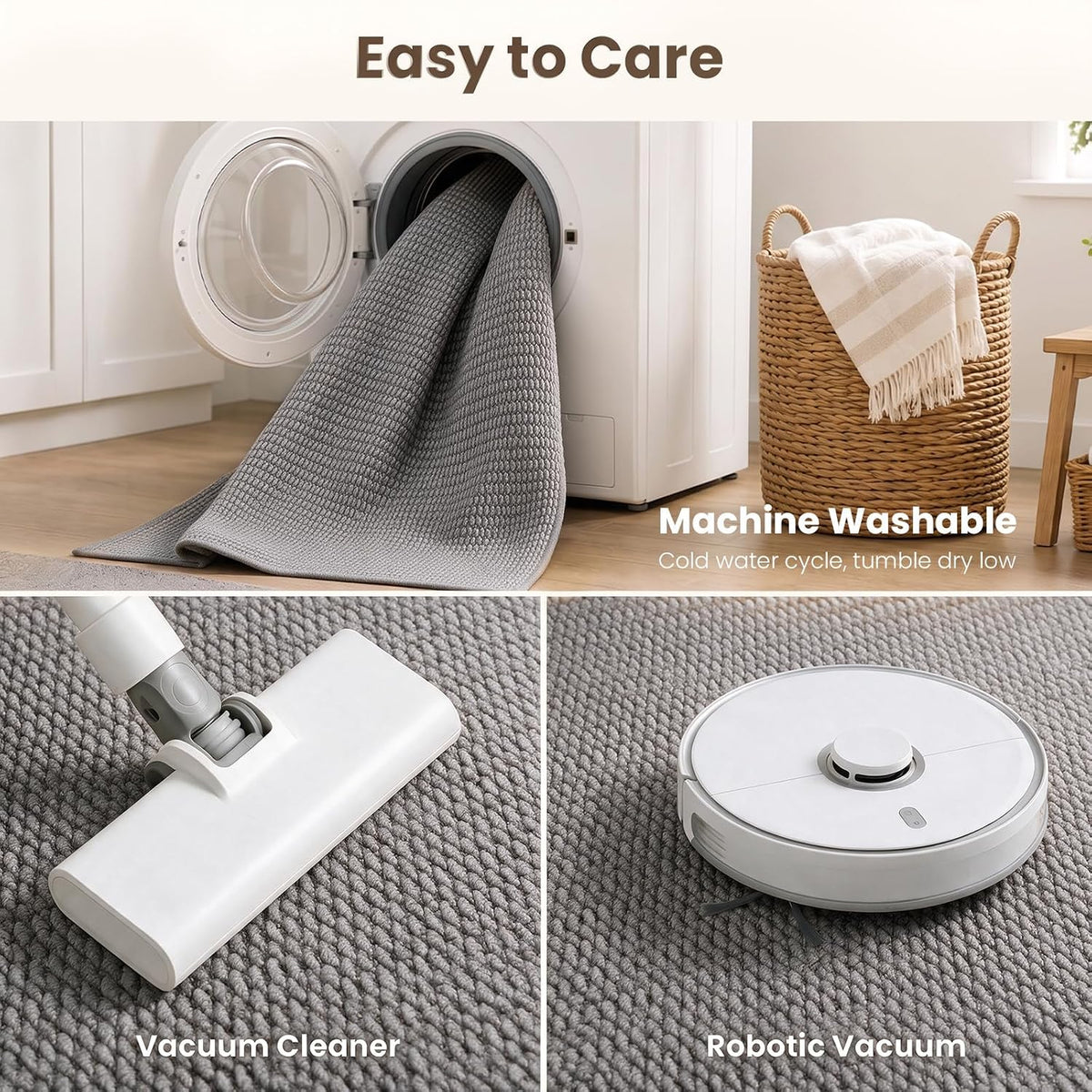 Collage showing the rug being placed in a washing machine and vacuumed, highlighting easy-care compatibility